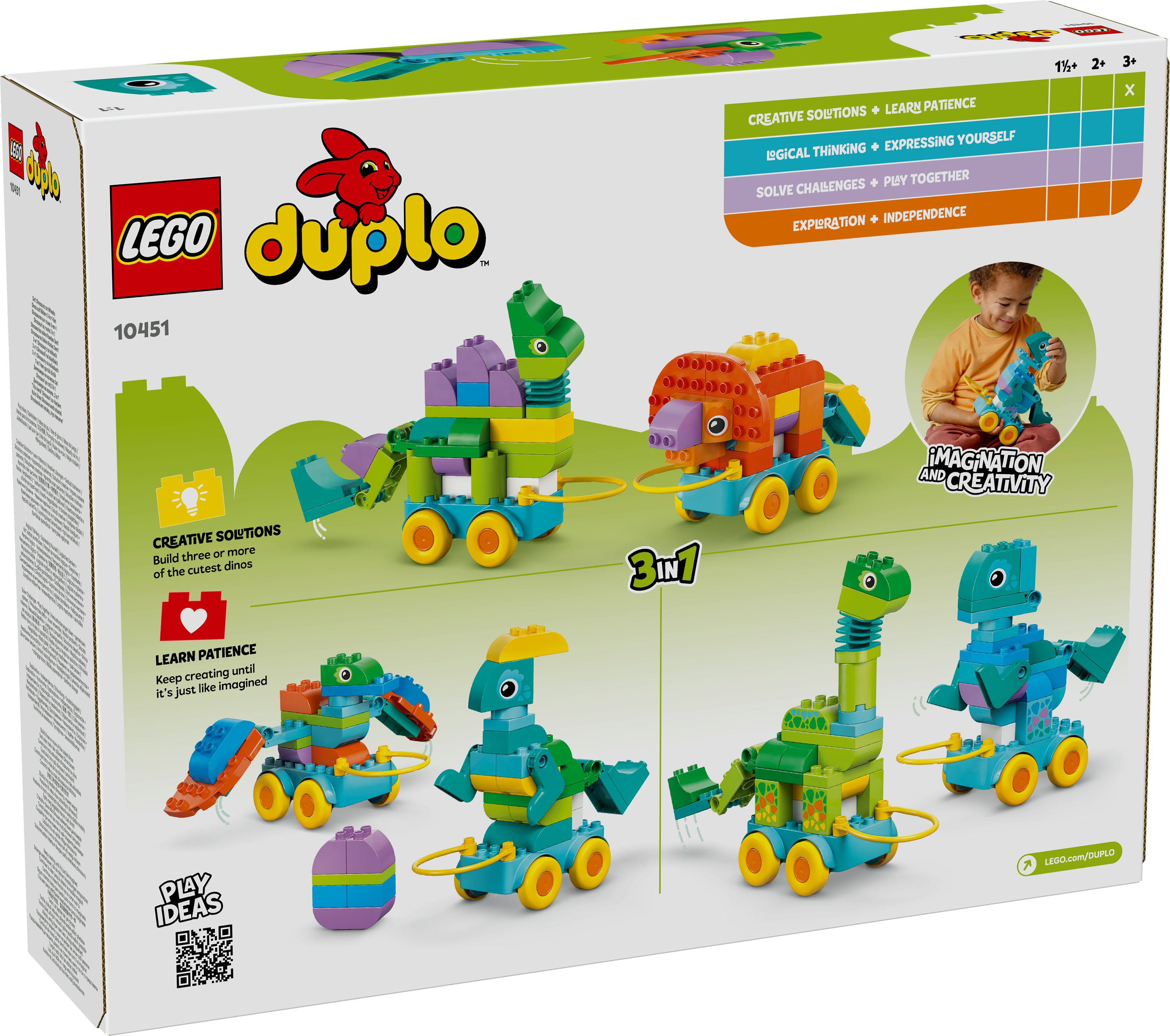 Zestaw pudełek Lego Duplo. Wyświetla modele dinozaurów 3 w 1 na kołach, z dzieckiem budującym jeden. Grafika pudełka przedstawia czerwonego królika.