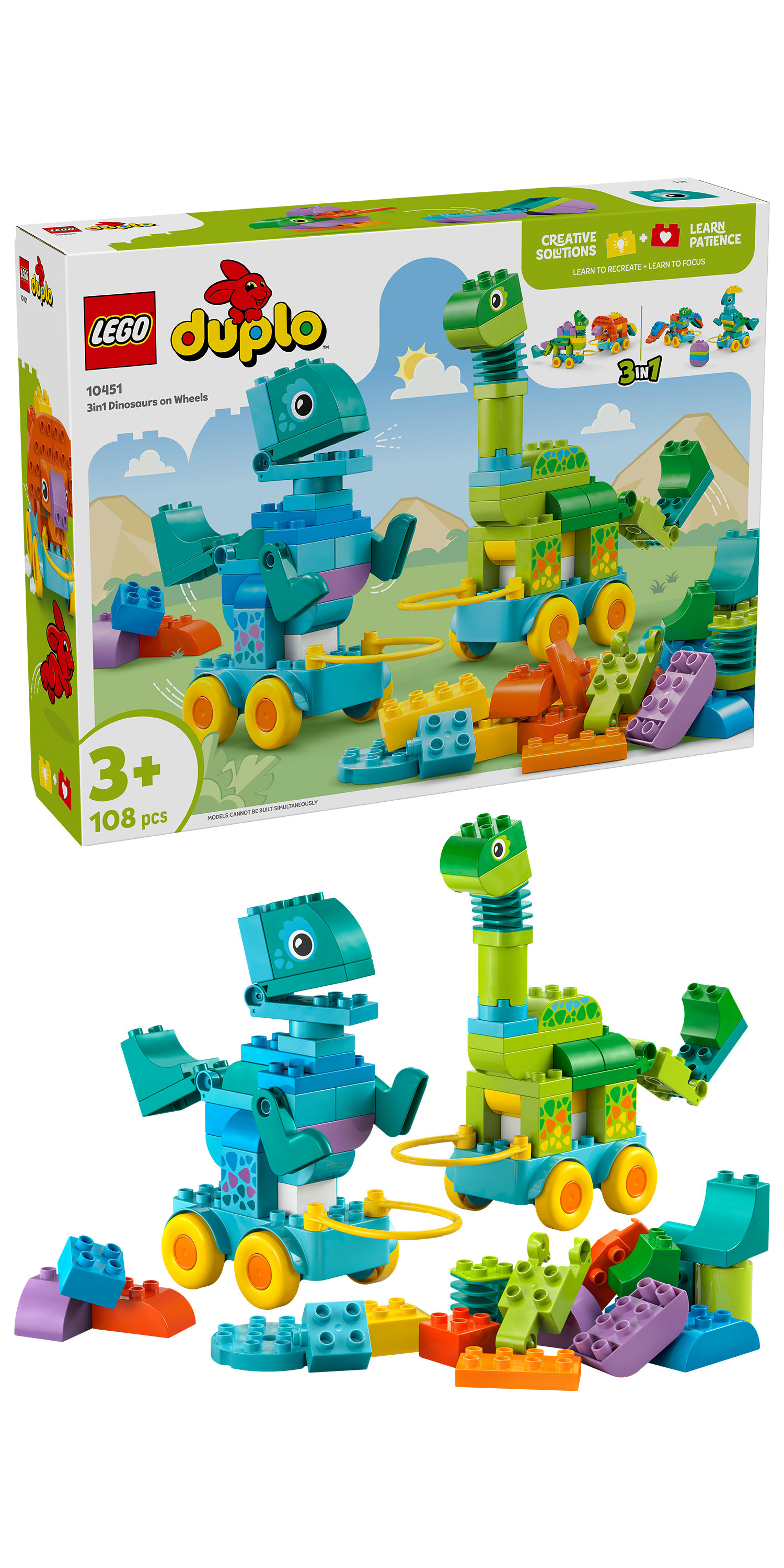 Zestaw LEGO Duplo z dinozaurami 3 w 1 na kołach. Zawiera klocki w różnych kolorach i pudełko z produktem.