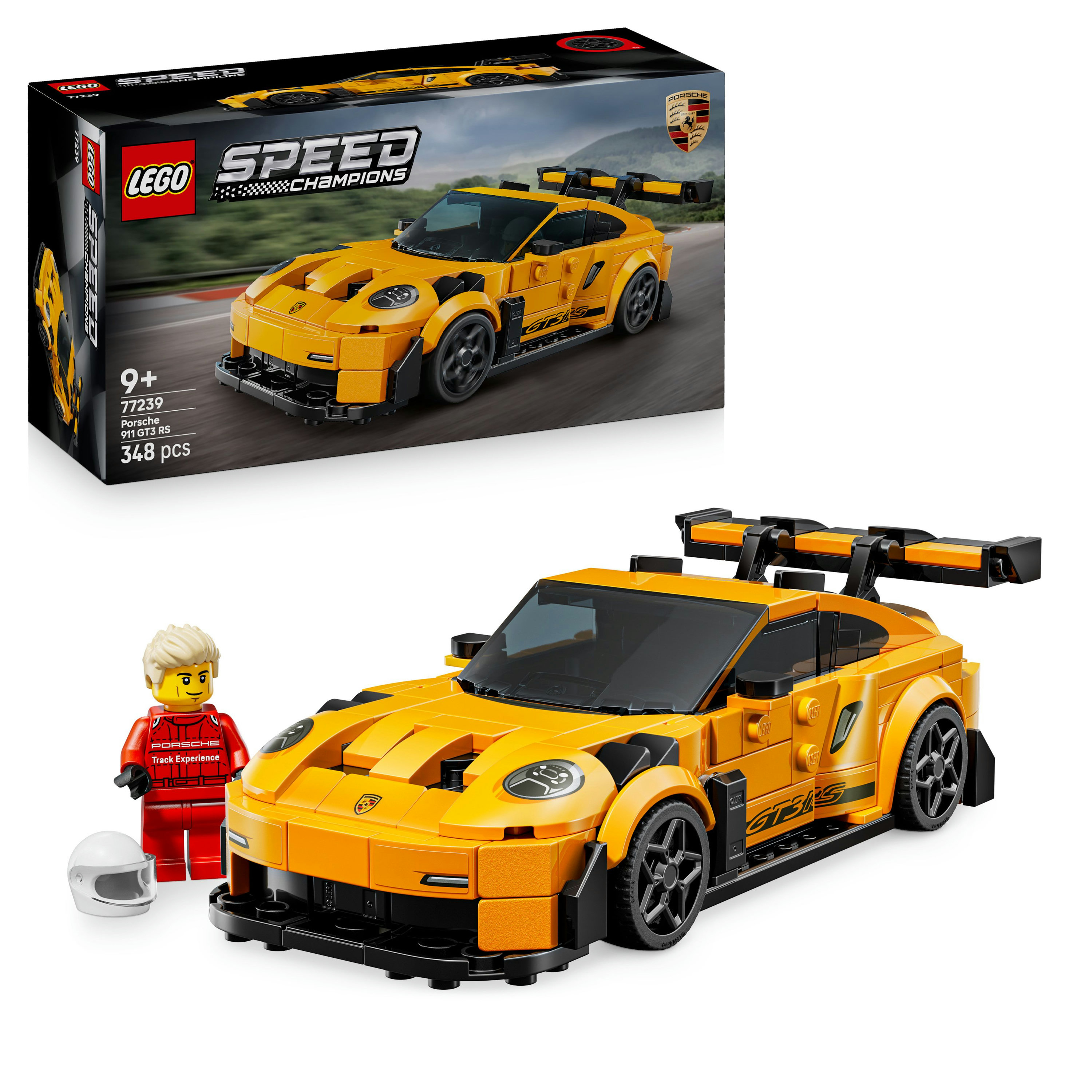 Zestaw Lego Speed Champions Porsche 911 GT3 RS z minifigurką i kaskiem na białym tle.