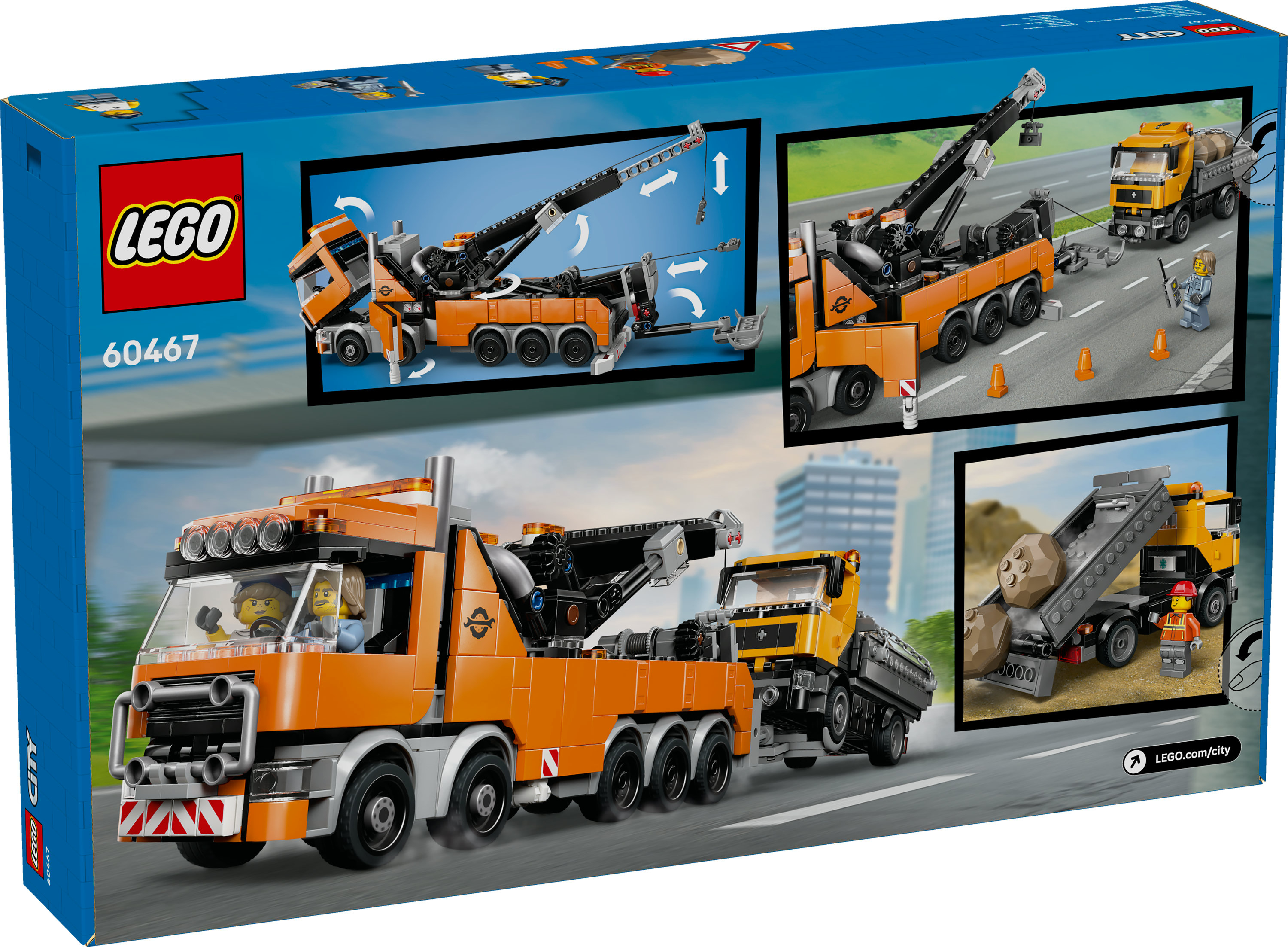 Pudełko LEGO City Tow Truck. Pomarańczowy i czarny holownik, żółta ciężarówka, minifigurki, pachołki i tło miasta.