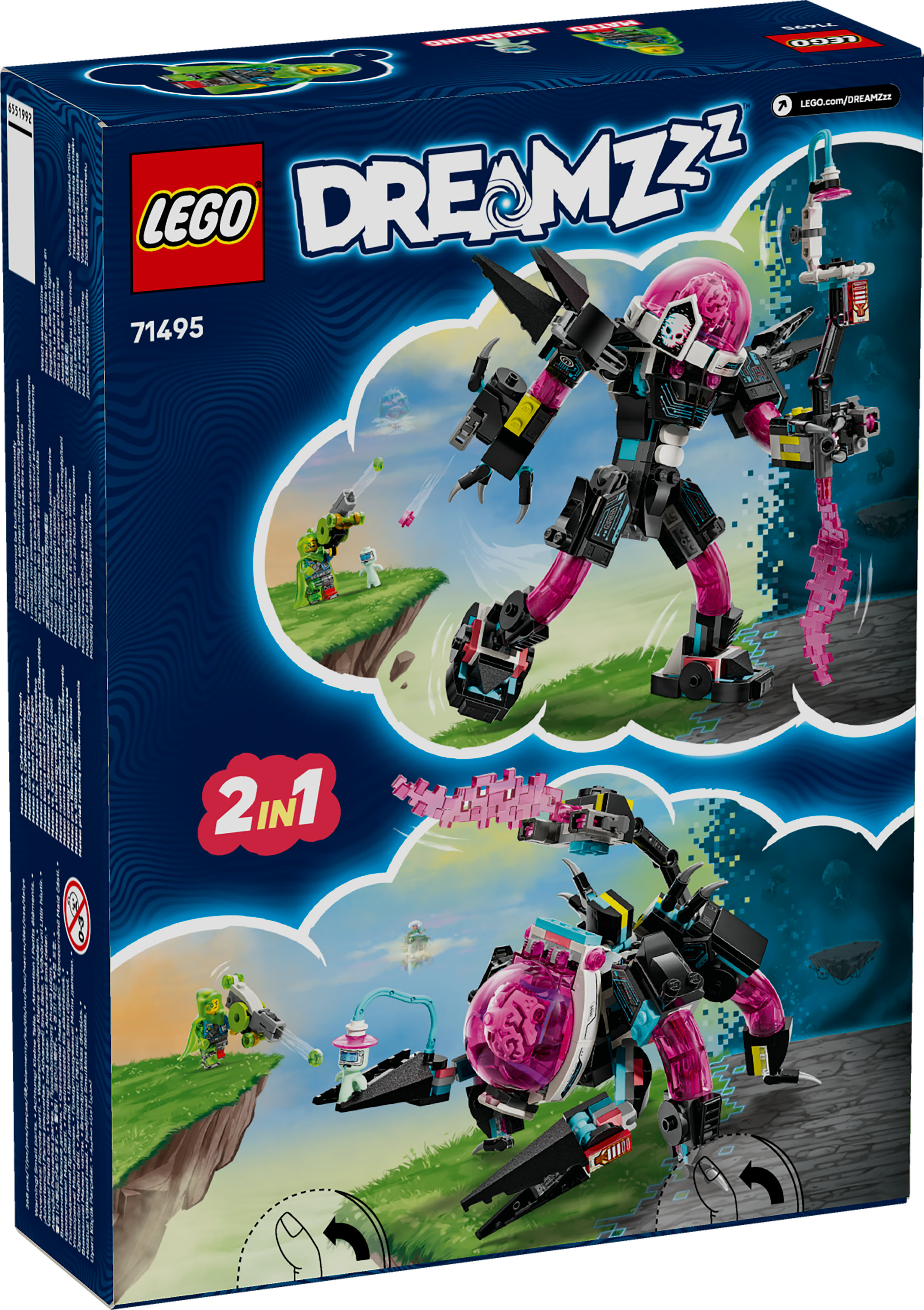 Arte de la caja LEGO Dreamzzz. Un robot negro con detalles rosas y cabeza con forma de cerebro ataca figuras verdes. 2 en 1.