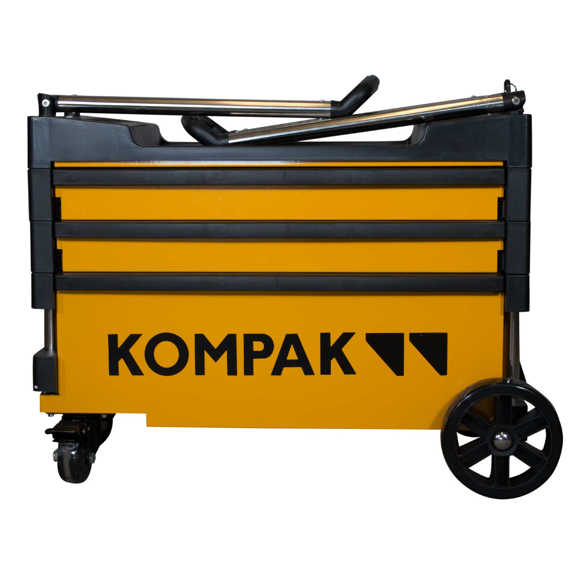 Un cofre de herramientas KOMPAK amarillo y negro con ruedas y asa, sobre fondo blanco.