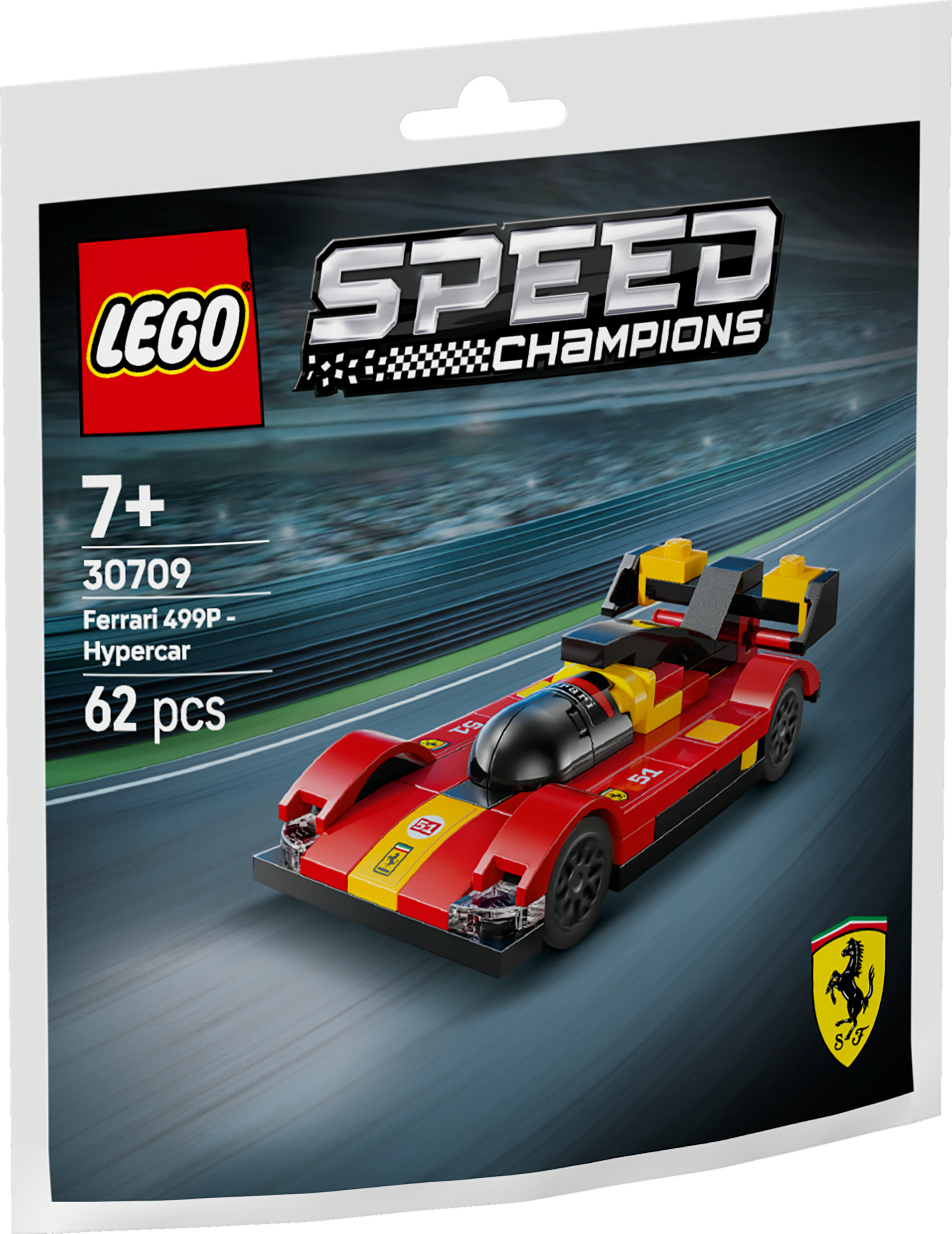 Zestaw LEGO Speed Champions Ferrari 499P Hypercar. Samochód jest czerwony, żółty i czarny na torze wyścigowym, z logo LEGO i Ferrari.