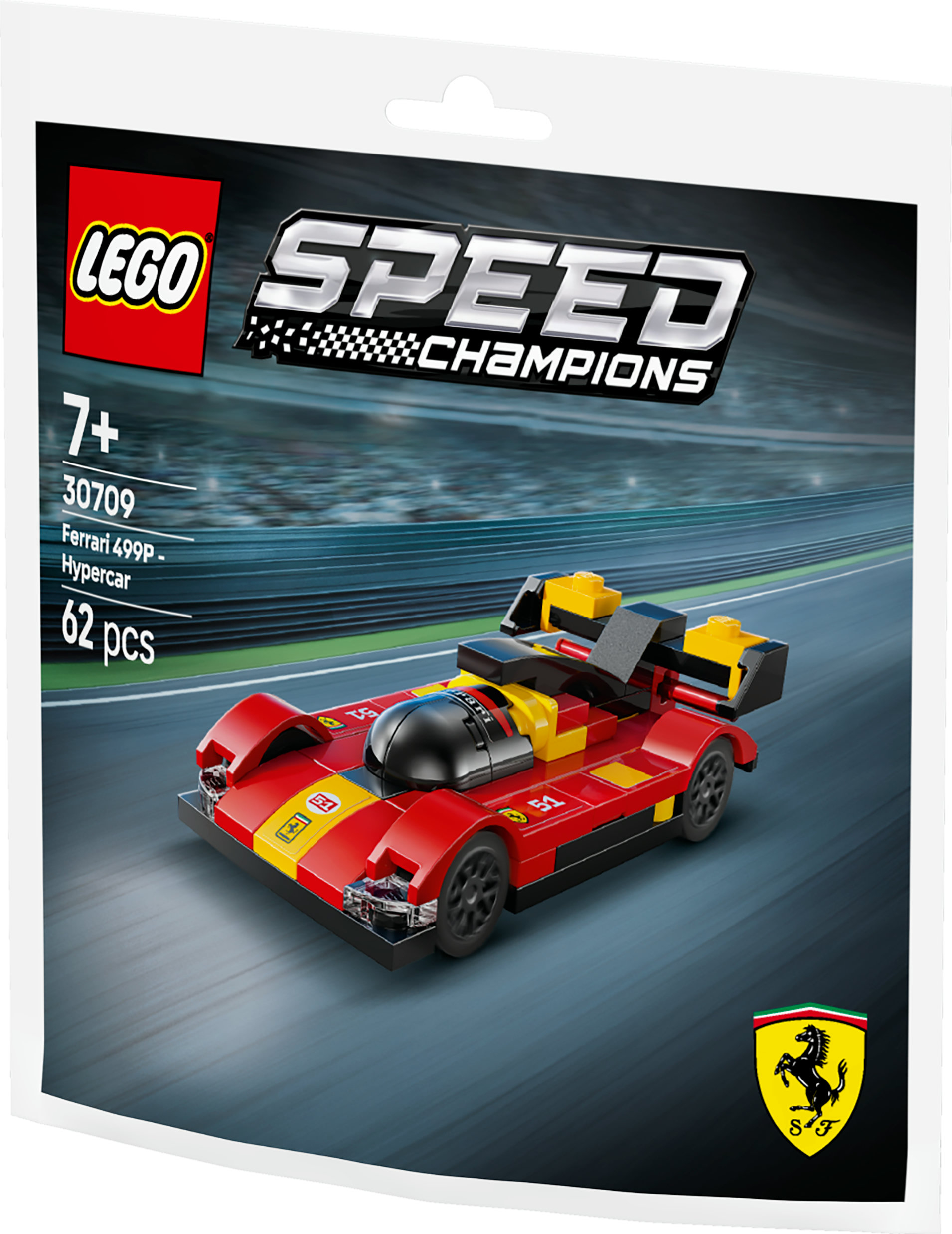 Zestaw Lego Speed Champions Ferrari 499P Hypercar. Czerwono-żółty samochód na torze, w białej ramie.
