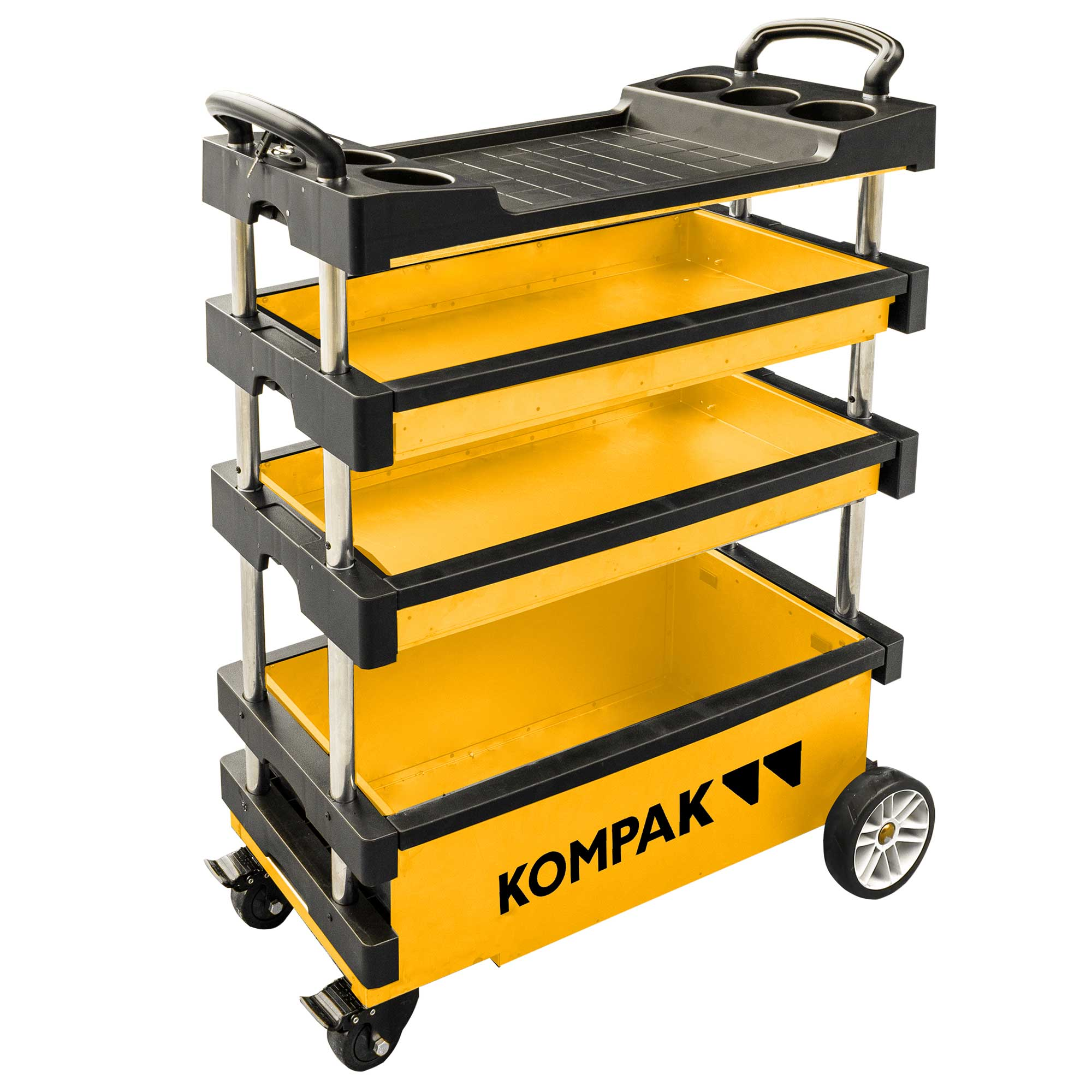 Un carro de herramientas rodante amarillo y negro con cuatro bandejas, ruedas y un asa. El carro tiene la palabra KOMPAK.