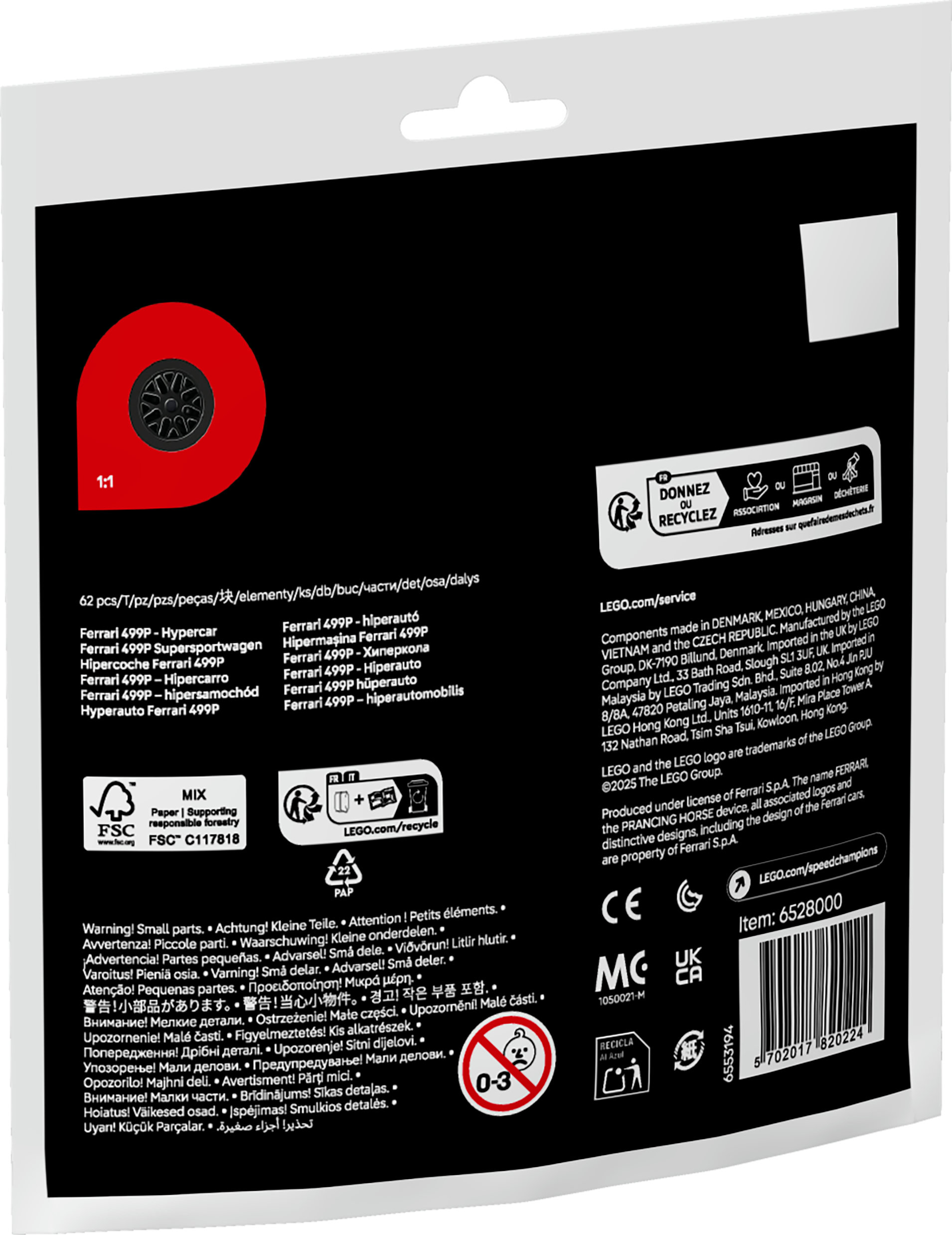 Czarne pudełko LEGO z czerwonym okręgiem pokazującym koło samochodu. Tekst i ostrzeżenia widoczne na opakowaniu.