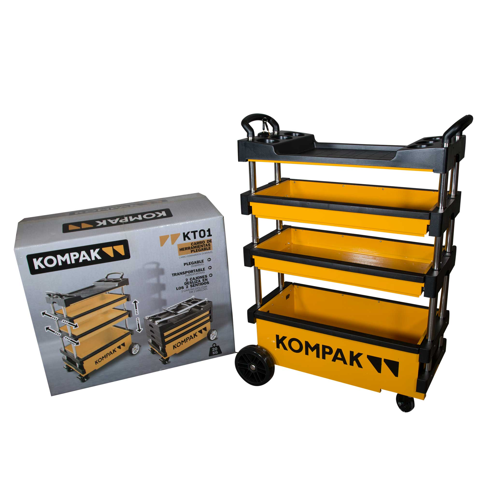 Carro de herramientas amarillo y negro con tres bandejas y una caja con el logo Kompak. Las ruedas son negras.
