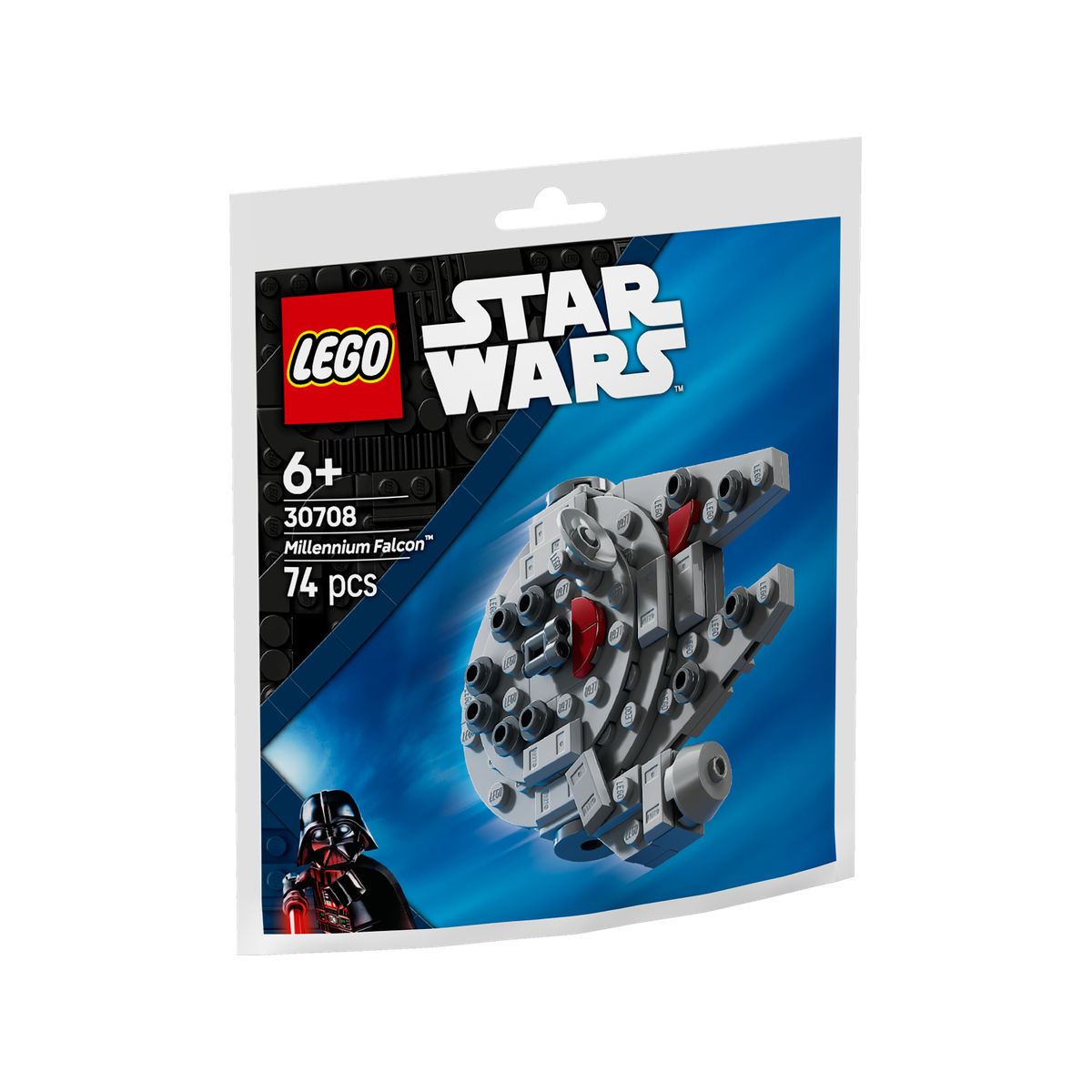 Un set Lego Star Wars. La confezione mostra il Millennium Falcon e Darth Vader. Il logo Lego è visibile.