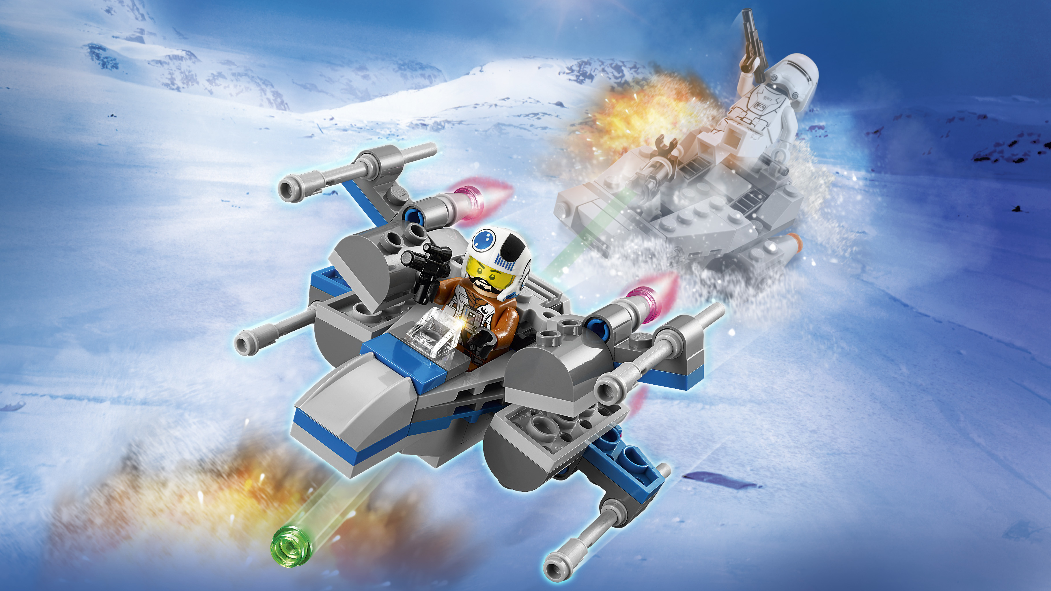 Scena z Lego Star Wars z myśliwcem X-wing i snowspeederem w zaśnieżonym otoczeniu. Przedstawiono eksplozje i akcję.