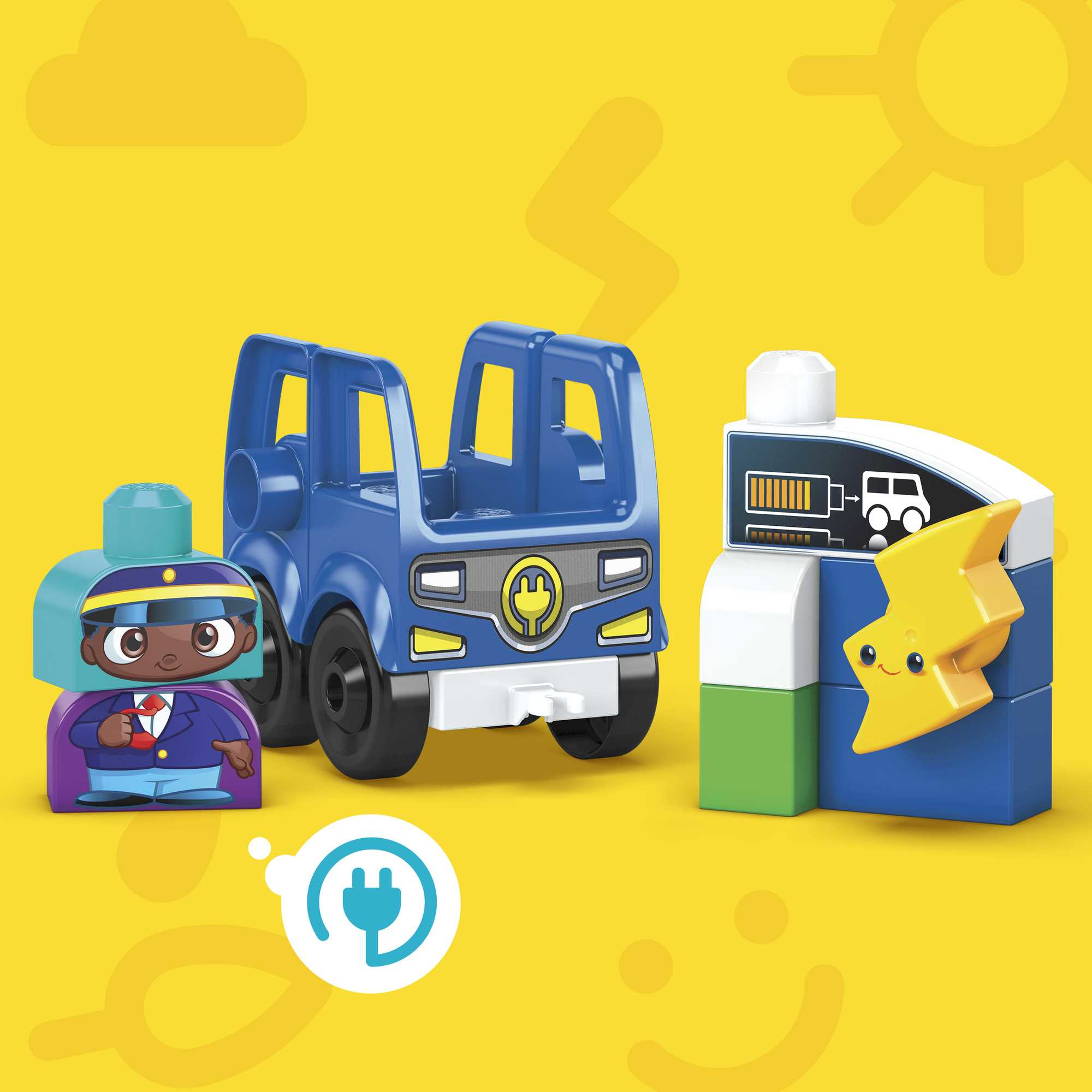 Zestaw zabawek z niebieską ciężarówką, stacją ładowania i figurką na żółtym tle.