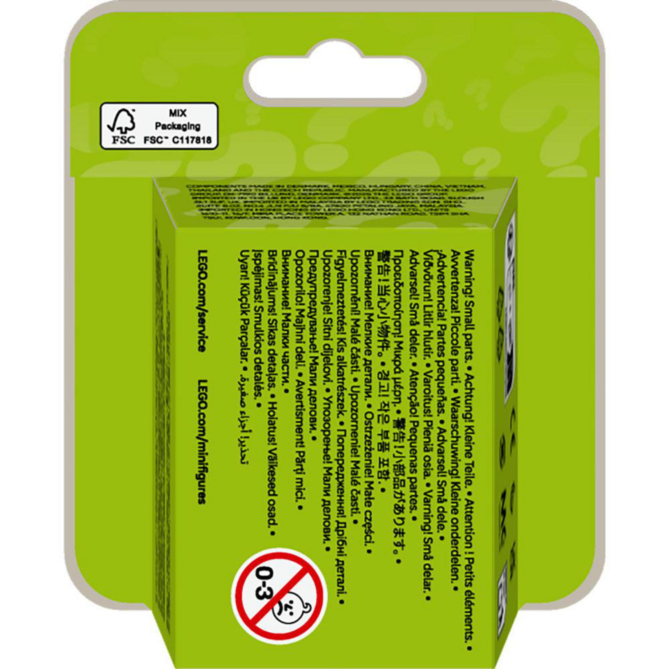 Zielone opakowanie LEGO z ostrzeżeniami w wielu językach, logo FSC i symbolem ograniczenia wieku '0-3'.