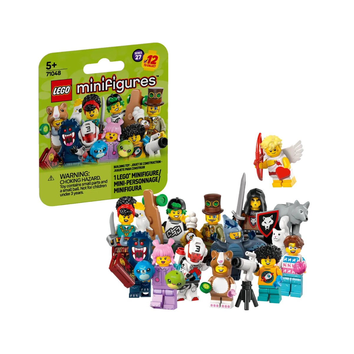 Kolekcja minifigurek Lego, w tym Kupidyn, wilk i różne postacie w kostiumach, a także opakowanie serii minifigurek Lego.