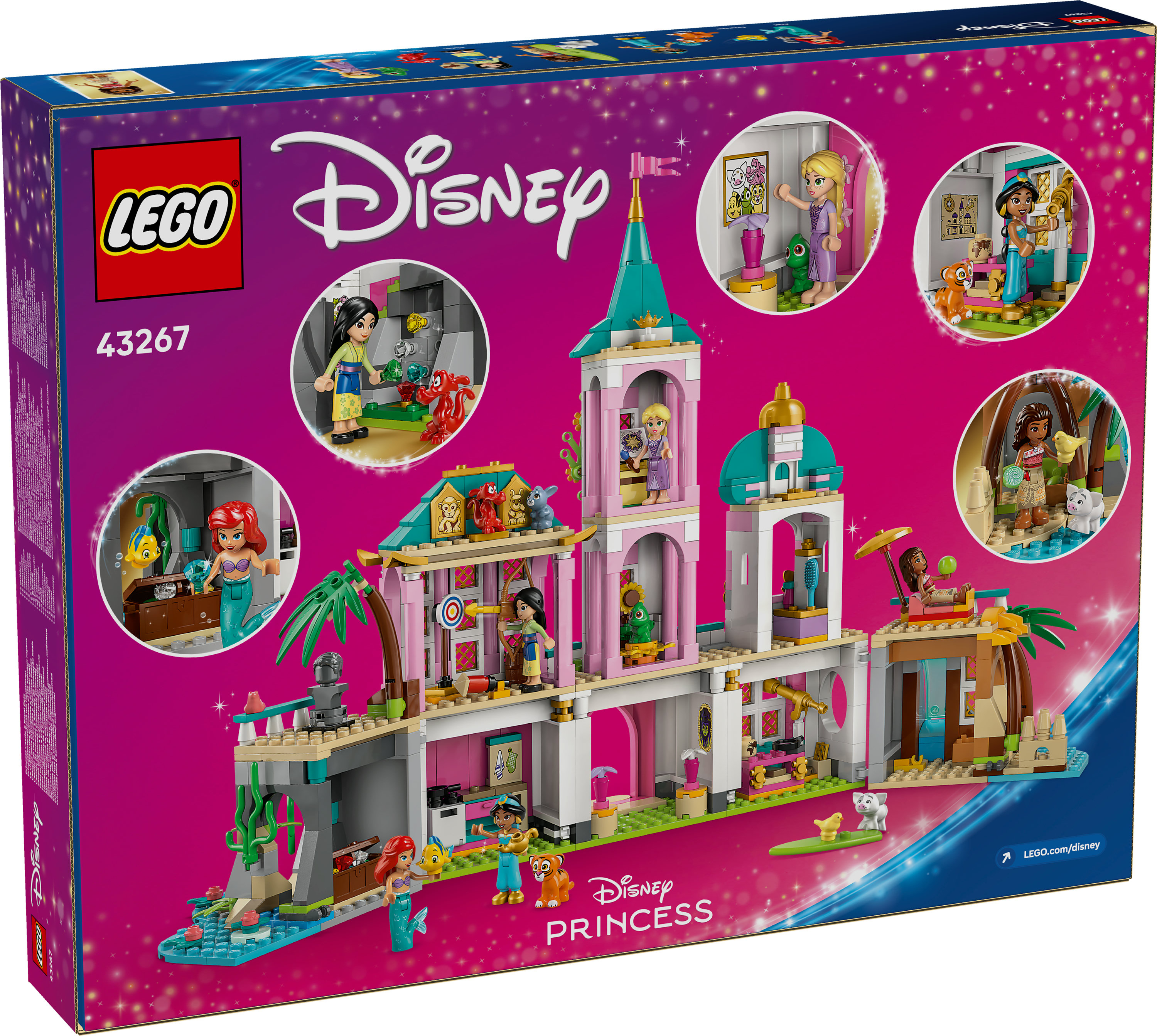 Caja del set Lego Disney Princess. Muestra a varias Princesas Disney en un castillo con viñetas. Incluye varias minifiguras.