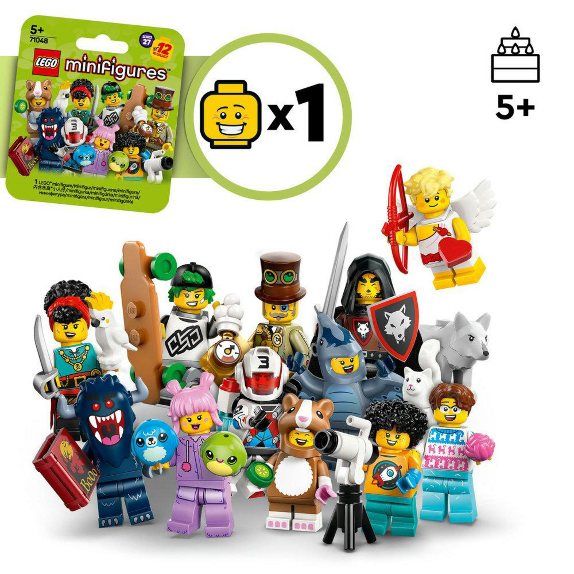 Zestaw minifigurek Lego. Zawiera różne figurki, takie jak anioł, wilk, potwór i inne. Zielone opakowanie z logo Lego.