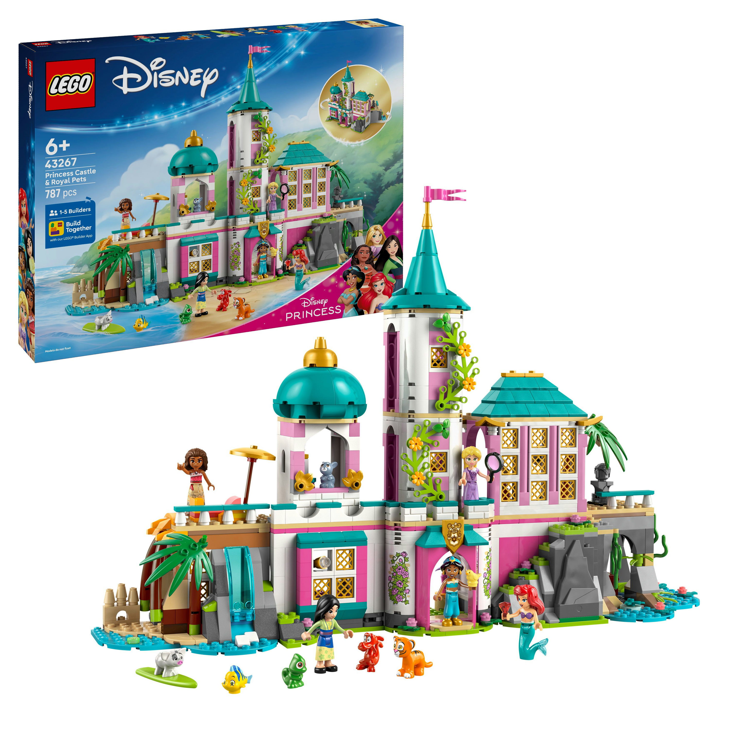 Set LEGO Disney Castillo de Princesas. Incluye un castillo, varias minifiguras y figuras de animales. La caja es visible en la imagen.