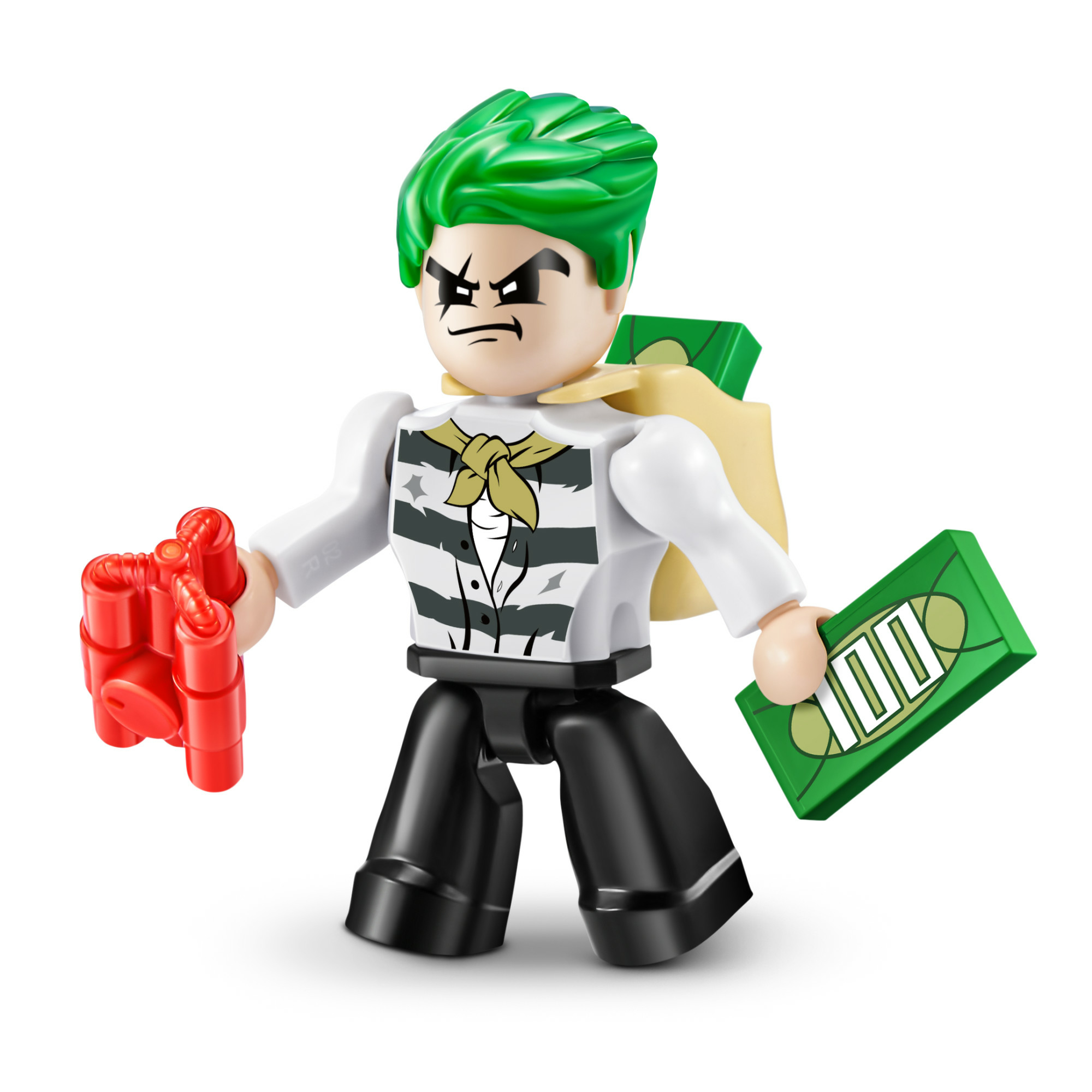 Una figura Lego di un cattivo con capelli verdi, una camicia a righe e pantaloni neri. Tiene in mano soldi e un'arma rossa.
