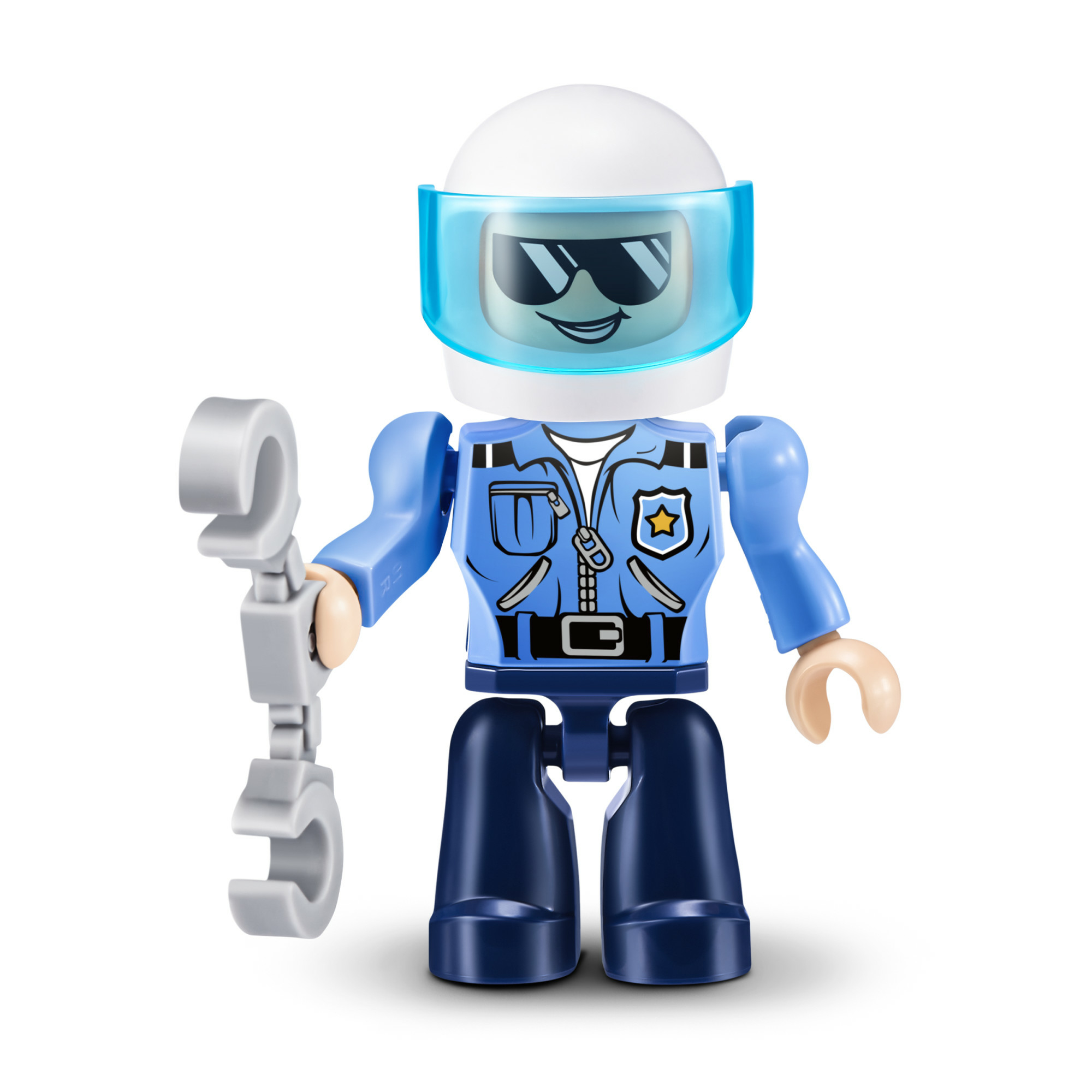 Personaggio Lego poliziotto con manette. Ha un elmetto bianco con visiera blu e occhiali da sole. Uniforme blu.