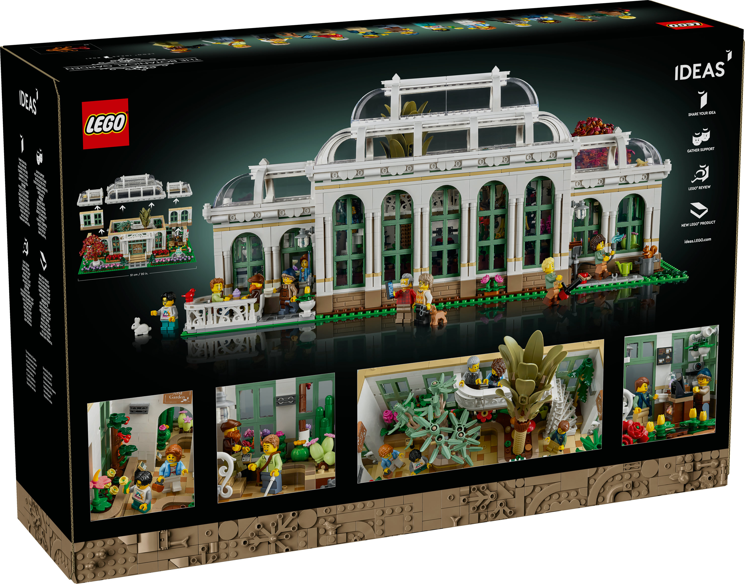 Grafika pudełka zestawu Lego Botanical Garden. Pokazuje złożony model z minifigurkami, małą scenę ogrodu i inne szczegóły.