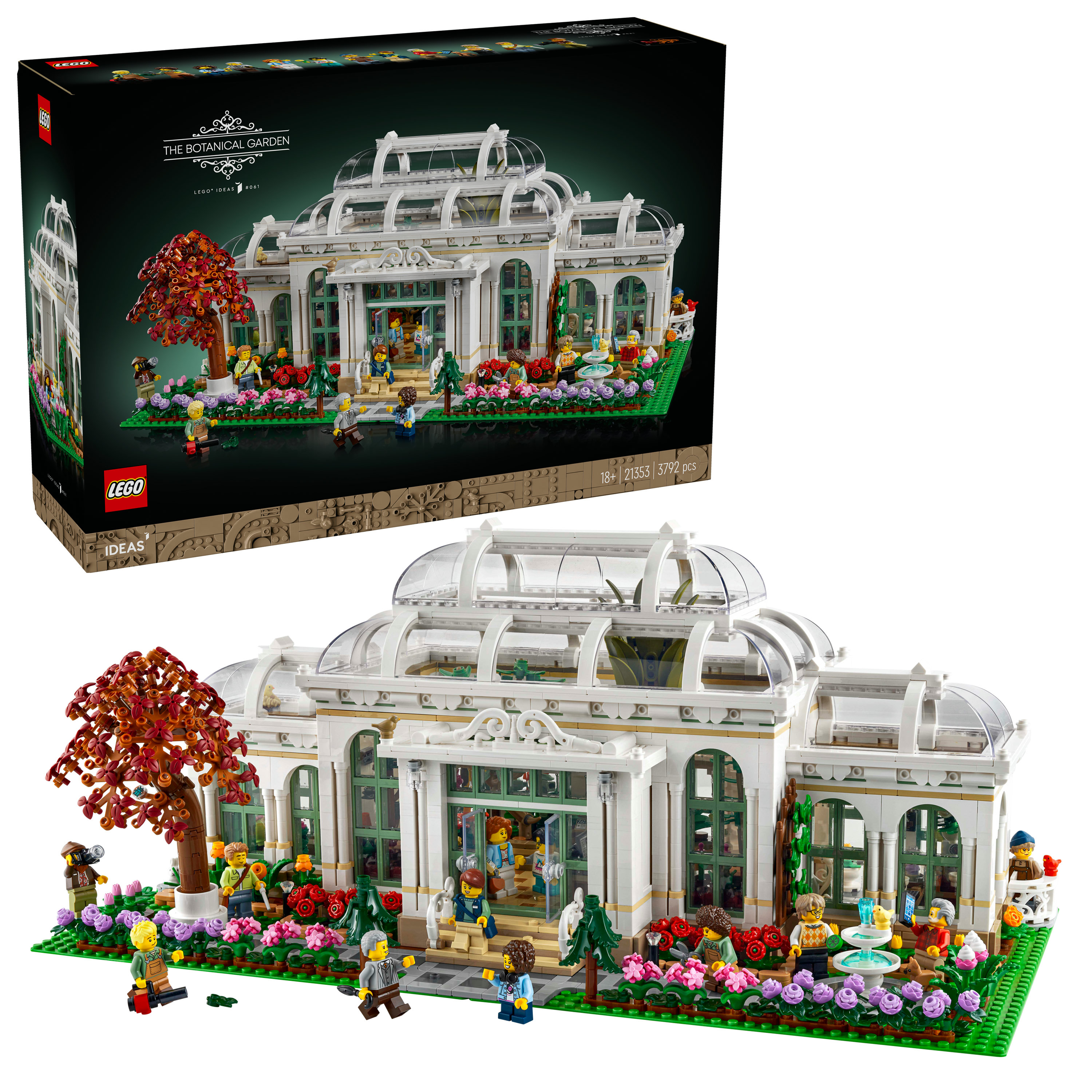 Zestaw LEGO Botanical Garden. Zawiera białą szklarnię z zielonymi akcentami. Figurki i kwiaty są z przodu.
