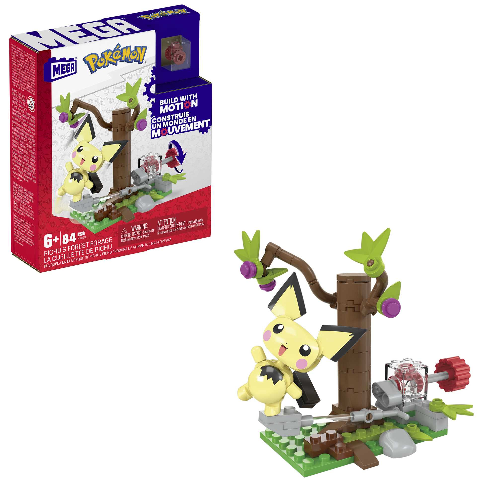 Un set di giocattoli Pokémon con Pikachu, un albero e mattoncini. La scatola mostra il contenuto del set.