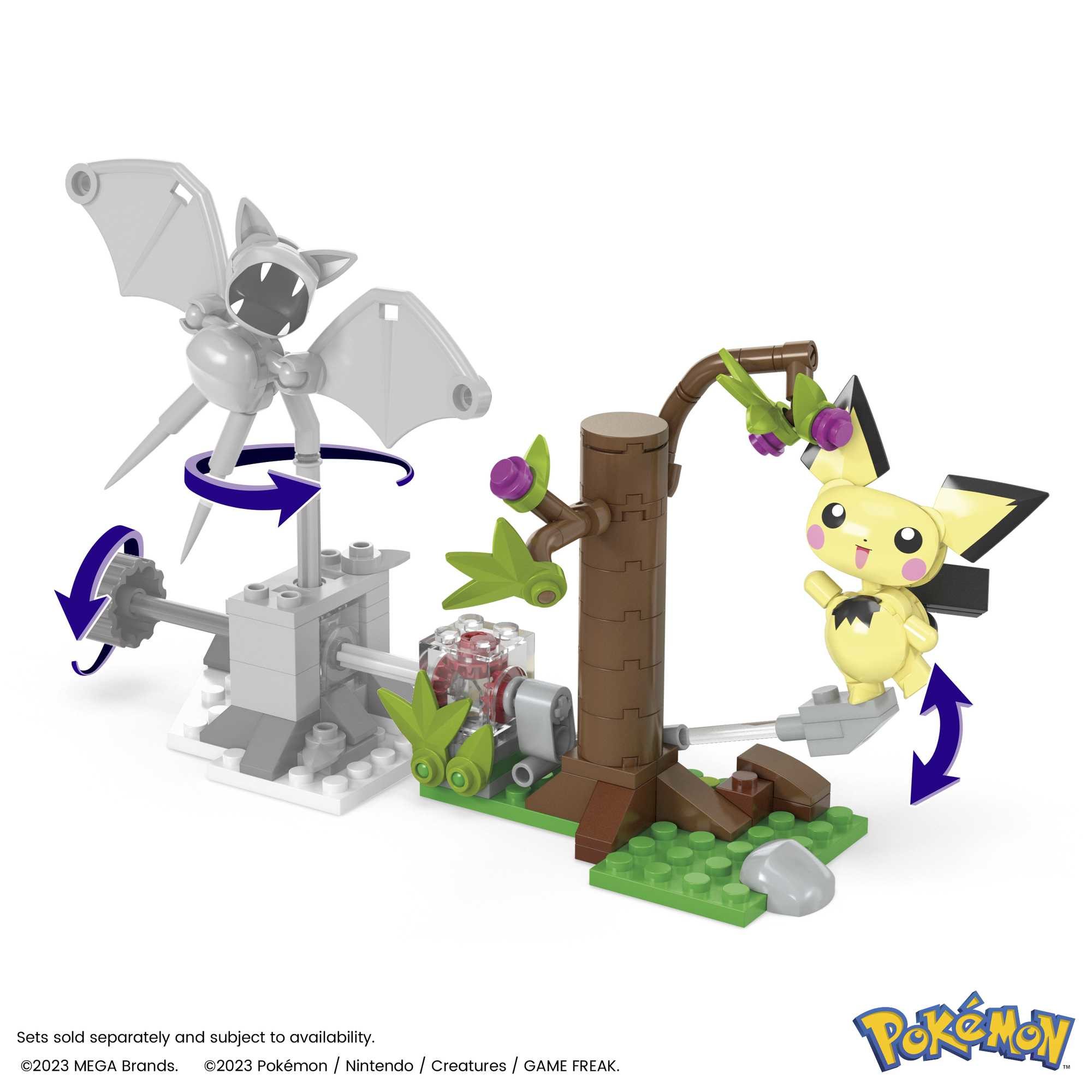 Un set di Pokémon con un pipistrello, un Pikachu, un albero e mattoncini. Il pipistrello e Pikachu sono su piattaforme rotanti.