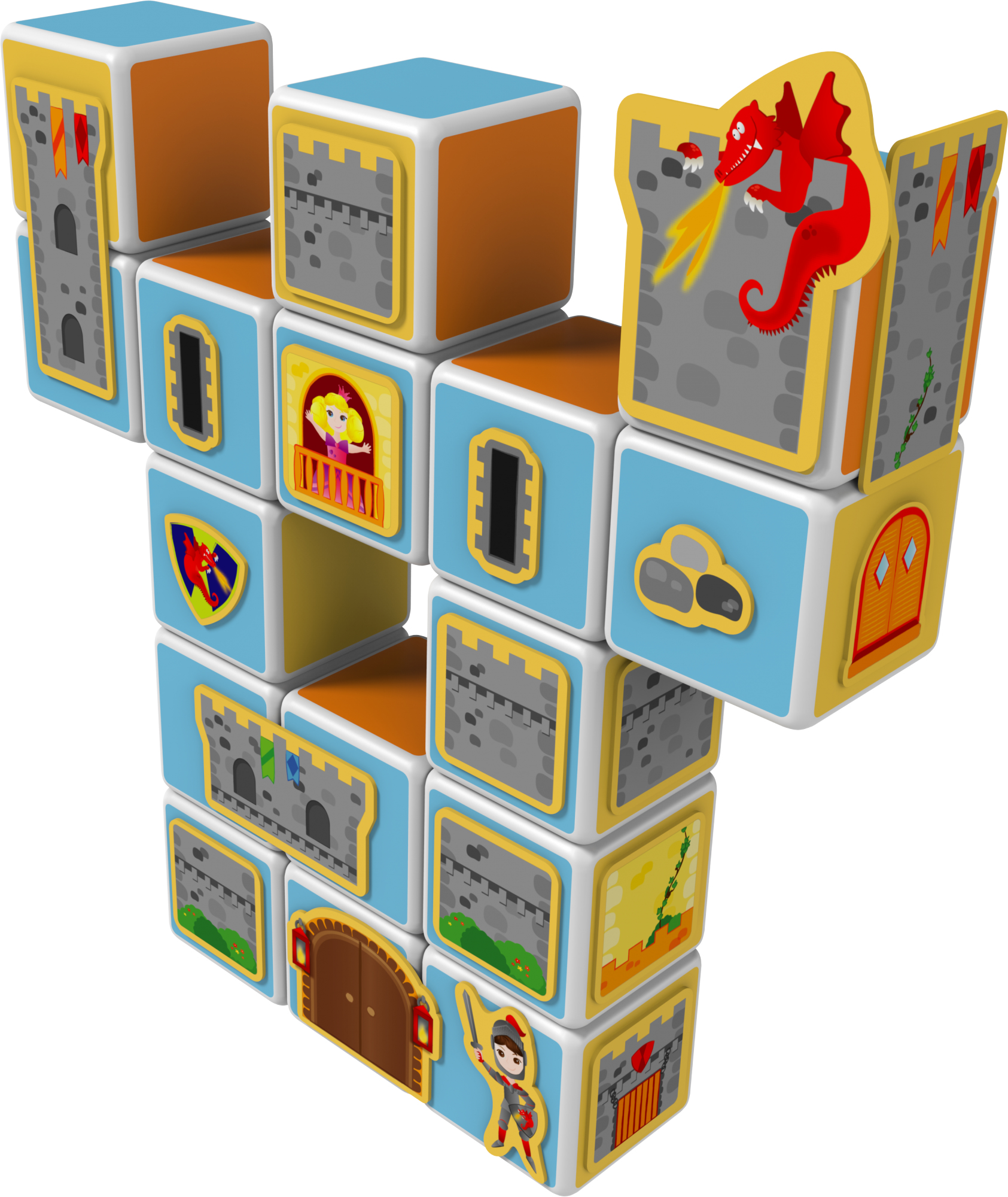 Blocchi giocattolo disposti a castello. Caratteristiche: drago, principessa, cavaliere e mura. Colori: blu, arancione, giallo e grigio.