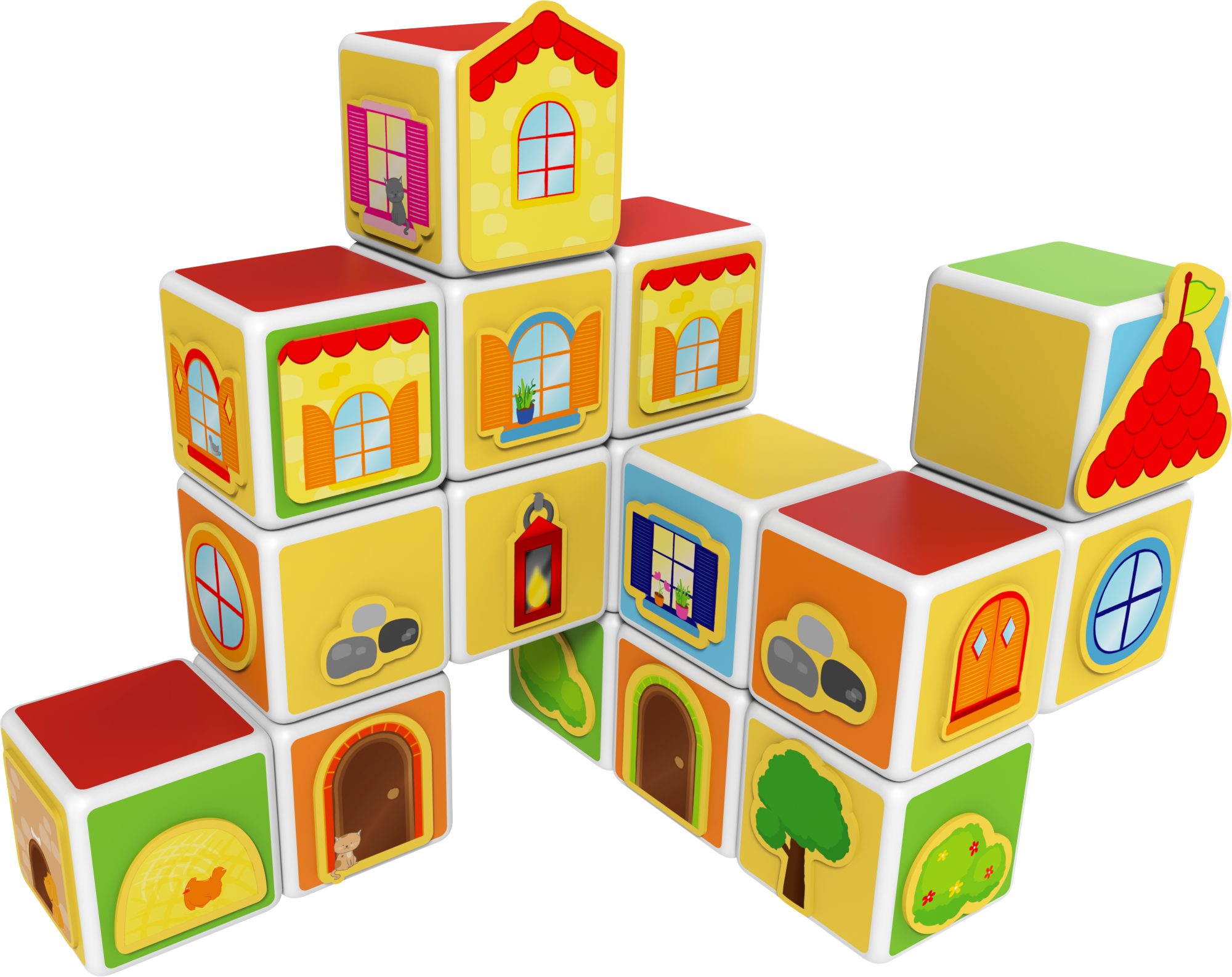 Blocchi giocattolo colorati disposti a forma di casa. Ogni blocco ha un'illustrazione diversa: finestre, porte e alberi. I blocchi sono su sfondo bianco.