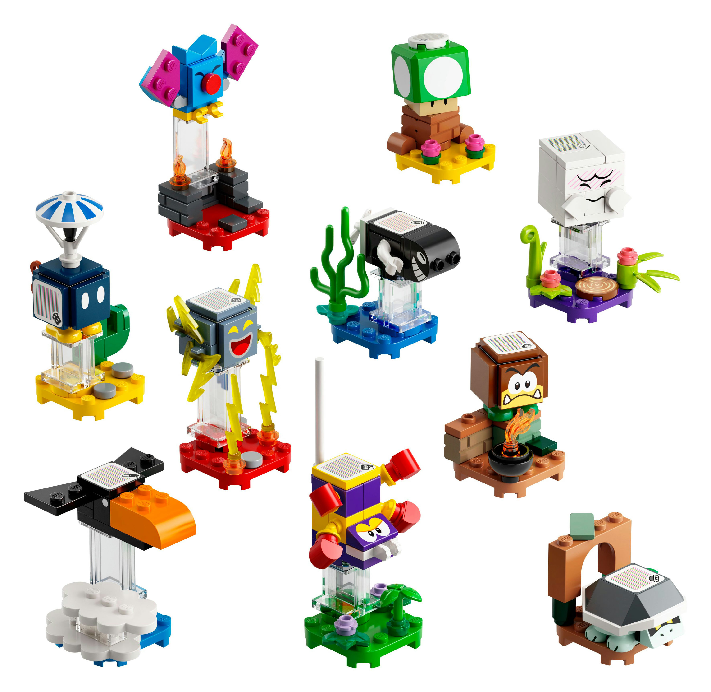 Lego figürleri, pembe detaylara sahip mavi kuş benzeri bir karakter, yüzü olan yeşil bir blok, beyaz bir karakter, şemsiyeli mavi bir karakter.
