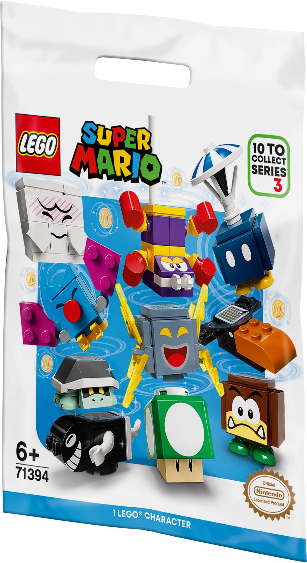 LEGO Super Mario karakterlerinin beyaz bir çantası. Shy Guy, Bob-omb ve Goomba dahil olmak üzere çeşitli Lego figürleri gösterir.