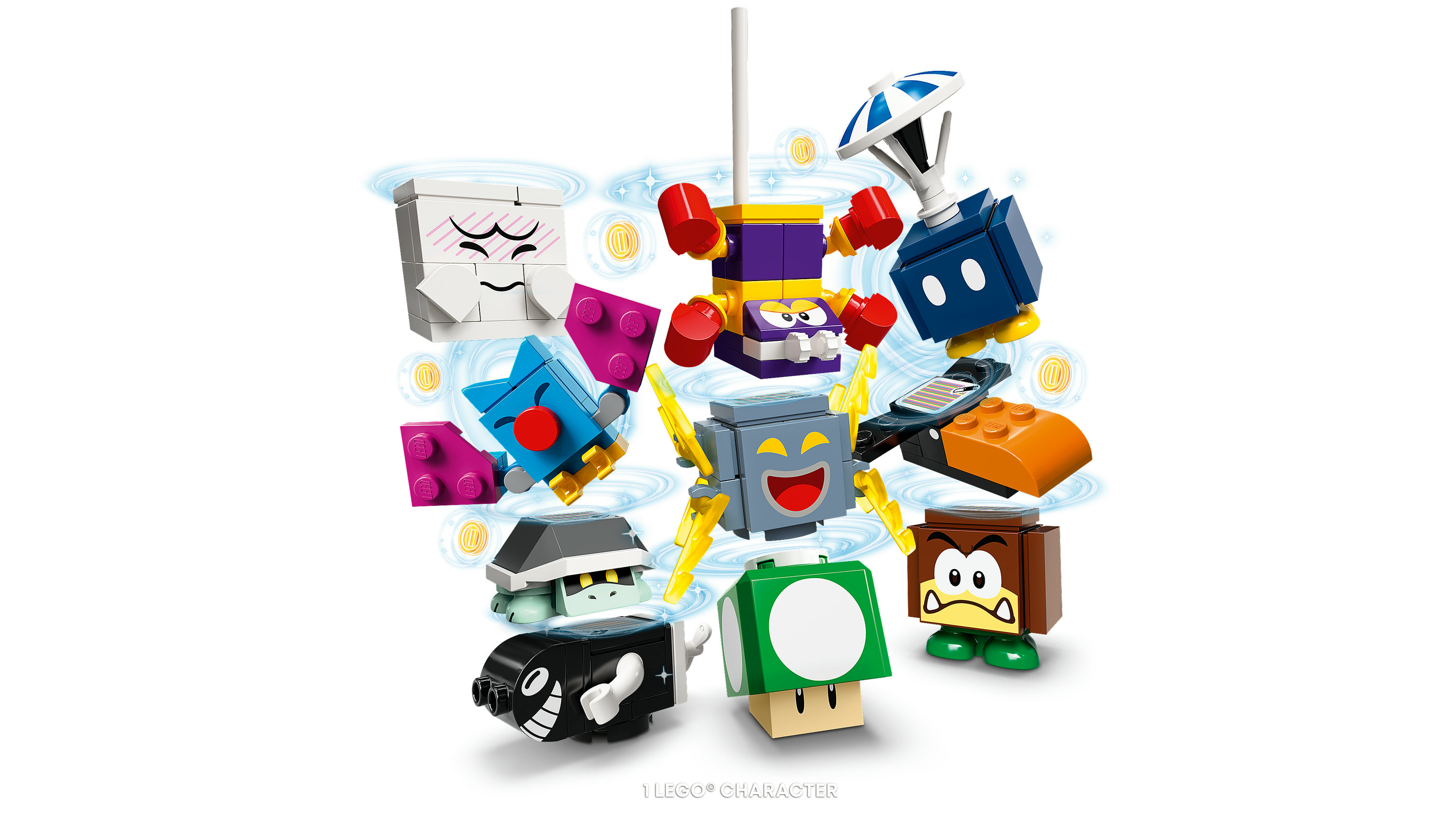 Mario serisinden Lego karakterleri: Goomba, Bob-omb, Shy Guy, Buzzy Beetle ve diğerleri, hepsi beyaz bir arka plan üzerinde hareket halinde.
