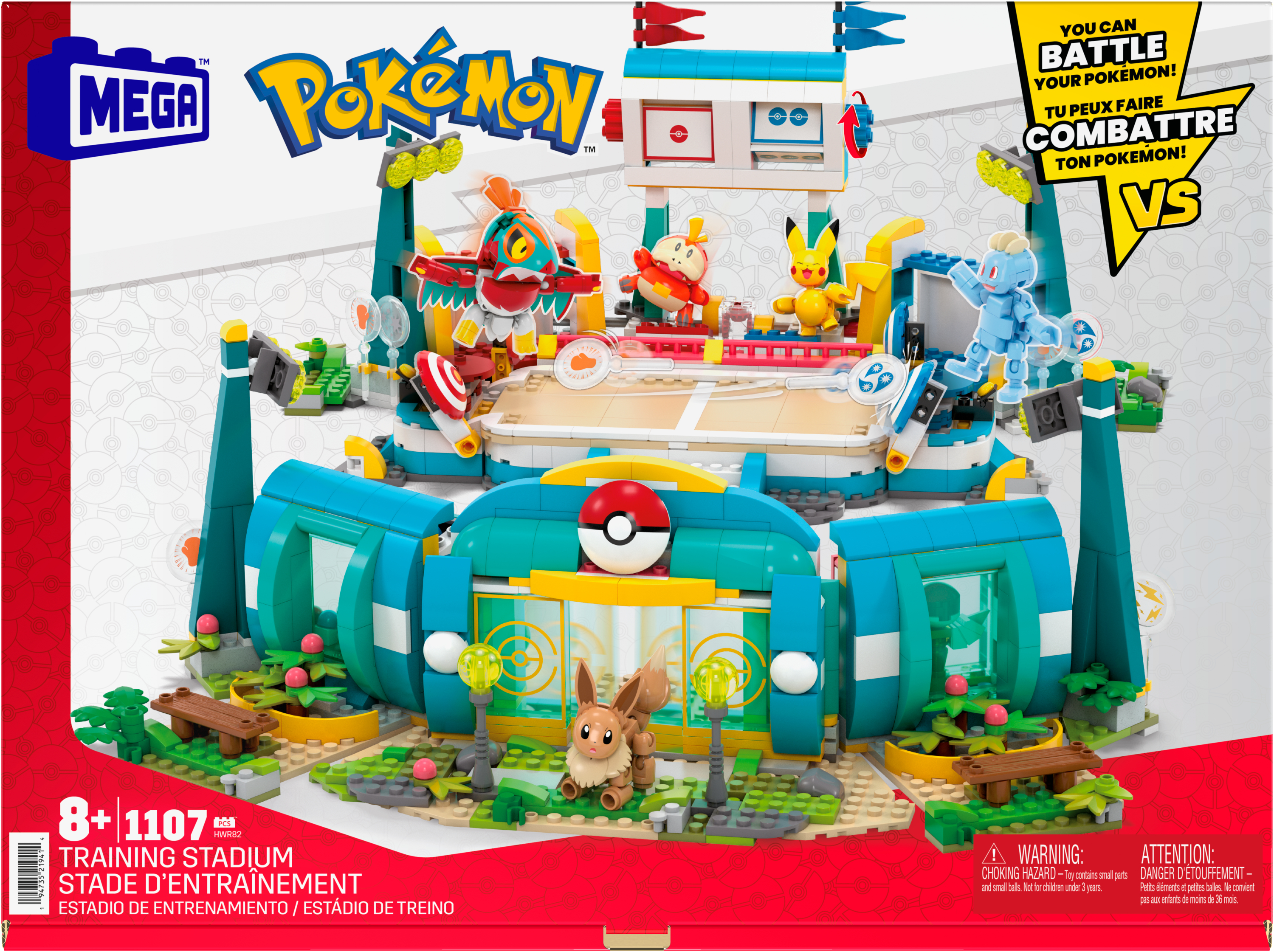 Ein Mega Construx Pokémon Trainingsstadion-Set. Es zeigt verschiedene Pokémon-Figuren, eine Kampfarena und das Logo "VS".