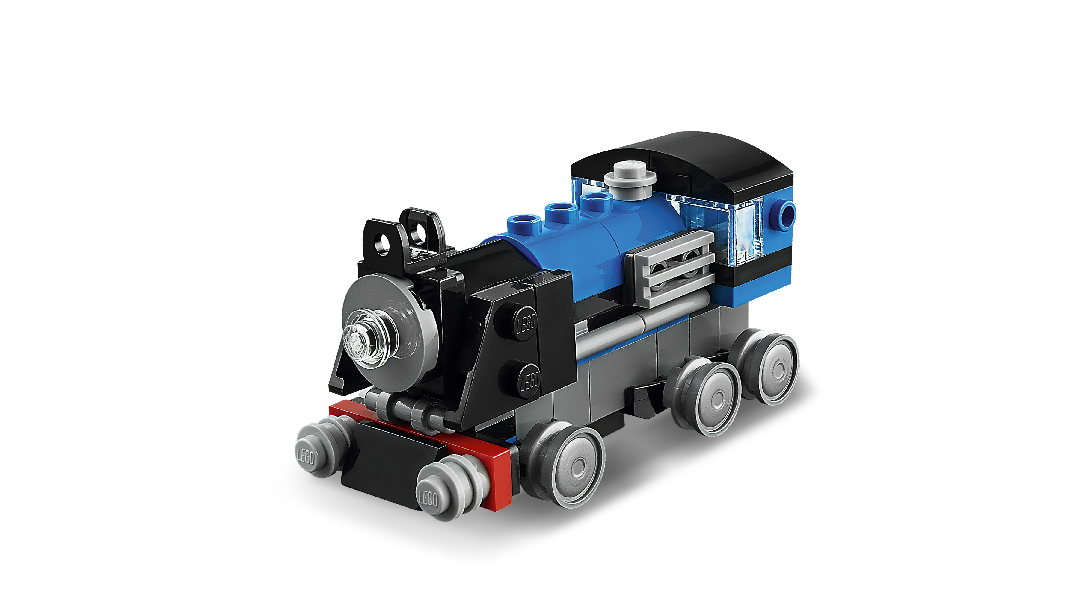 Un modello di treno Lego con parti blu e nere. Ha ruote e un fumaiolo. Lo sfondo è bianco.