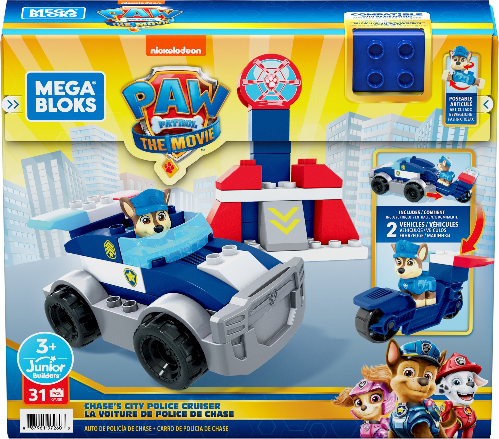 Confezione di un set Mega Bloks di Paw Patrol. Raffigura Chase in un'auto della polizia e in moto. Include altri personaggi.