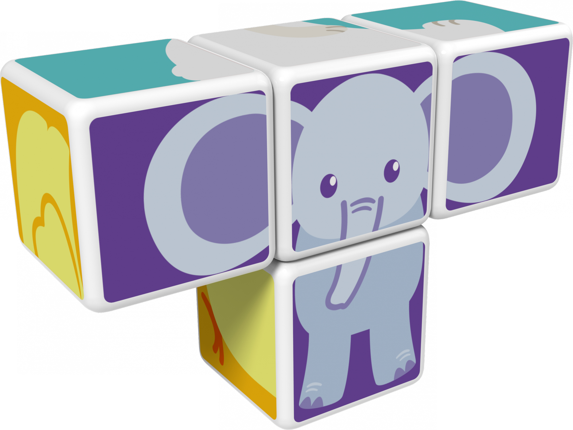 Blocs de jouets avec une illustration d'éléphant, disposés en forme de croix. Les blocs ont des couleurs violet, jaune et sarcelle et des contours blancs.