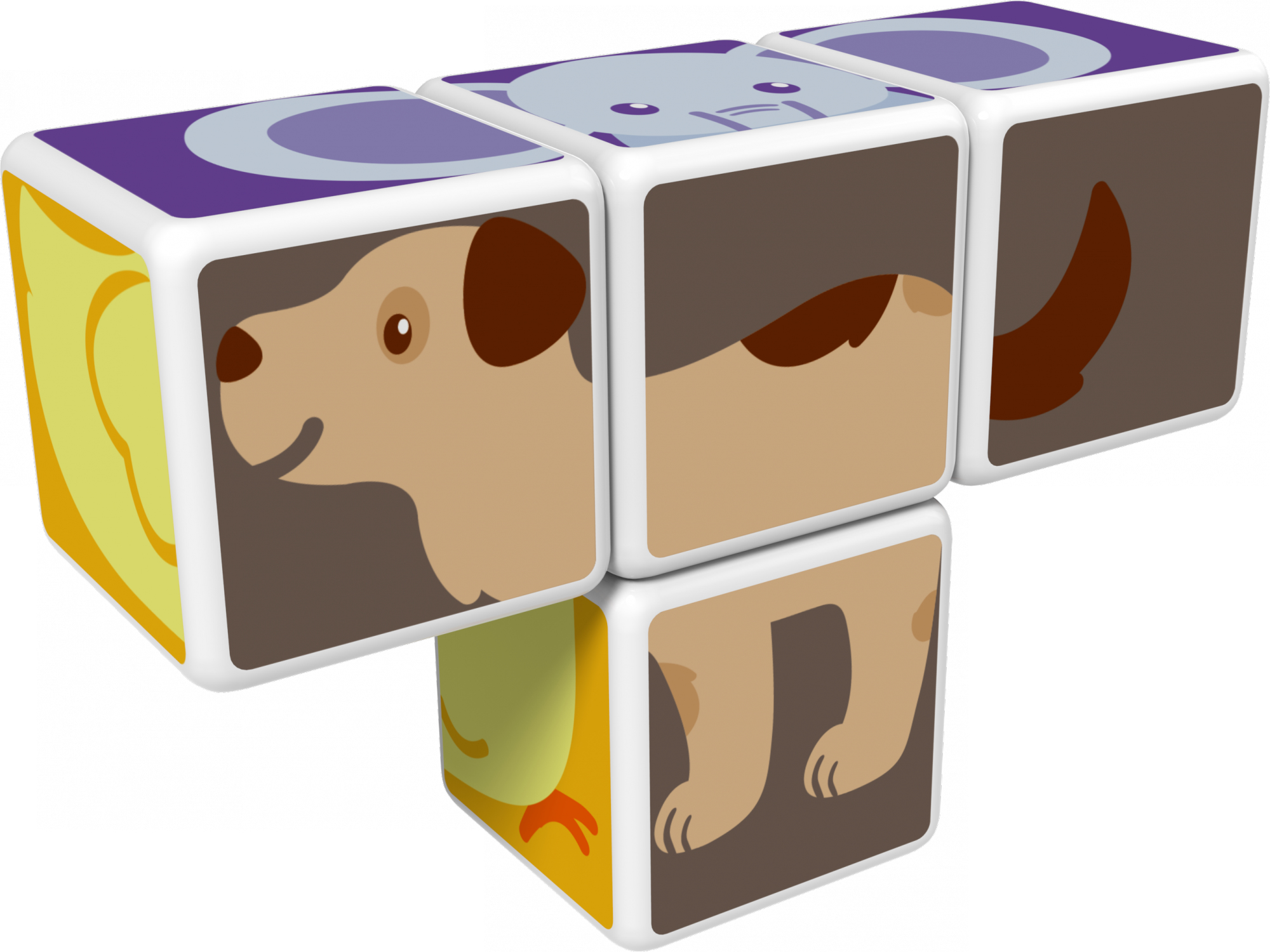 Un puzzle de cubes jouet avec des visages d'animaux. Chien, chat et poussin sont visibles. Les cubes sont blancs avec des côtés colorés.