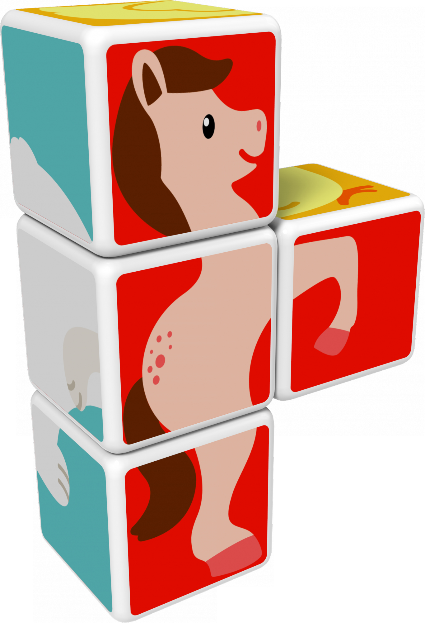 Blocs de jouets représentant un cheval. Les blocs montrent la tête, le corps et les jambes du cheval. Couleurs : blanc, rouge, marron, rose, jaune et turquoise.