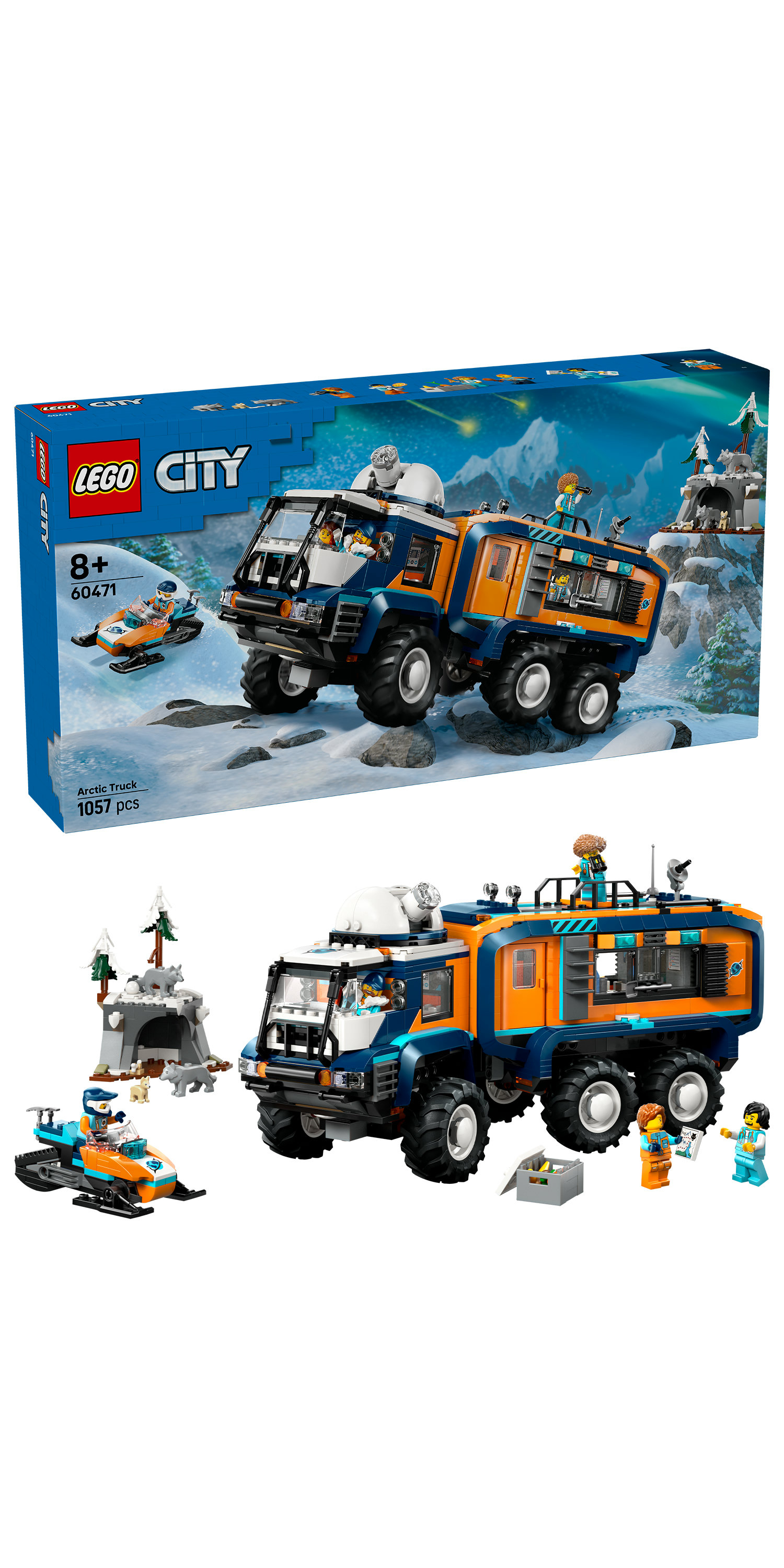 Zestaw LEGO City Arctic Truck. Zawiera ciężarówkę, skuter śnieżny, minifigurki i elementy sceny arktycznej. Pudełko przedstawia śnieg i góry.