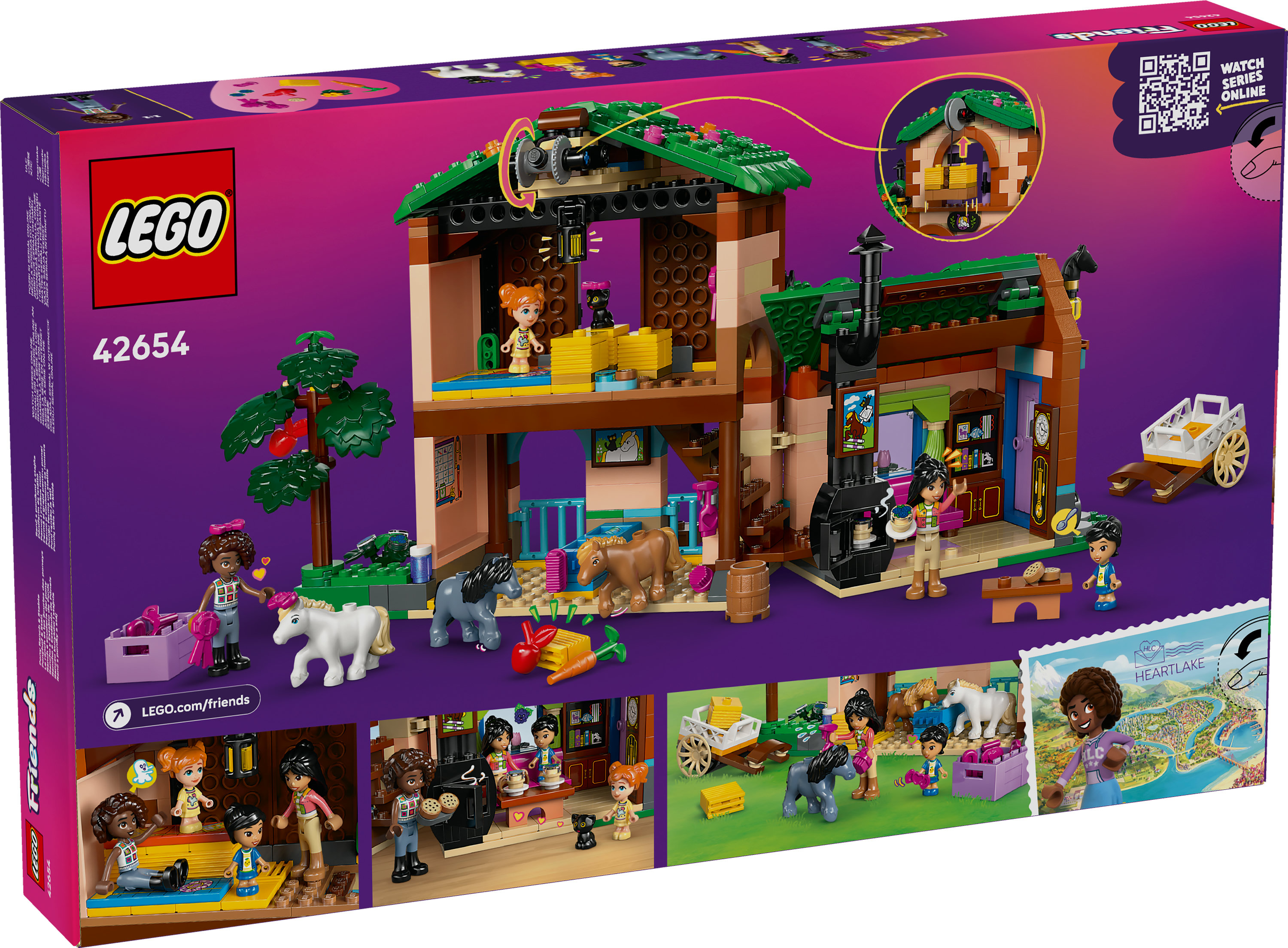 LEGO Friends set kutusu. Bir Lego evi, atlar, figürler ve aksesuarlar gösteriyor. Kutu mor bir arka plana karşı.