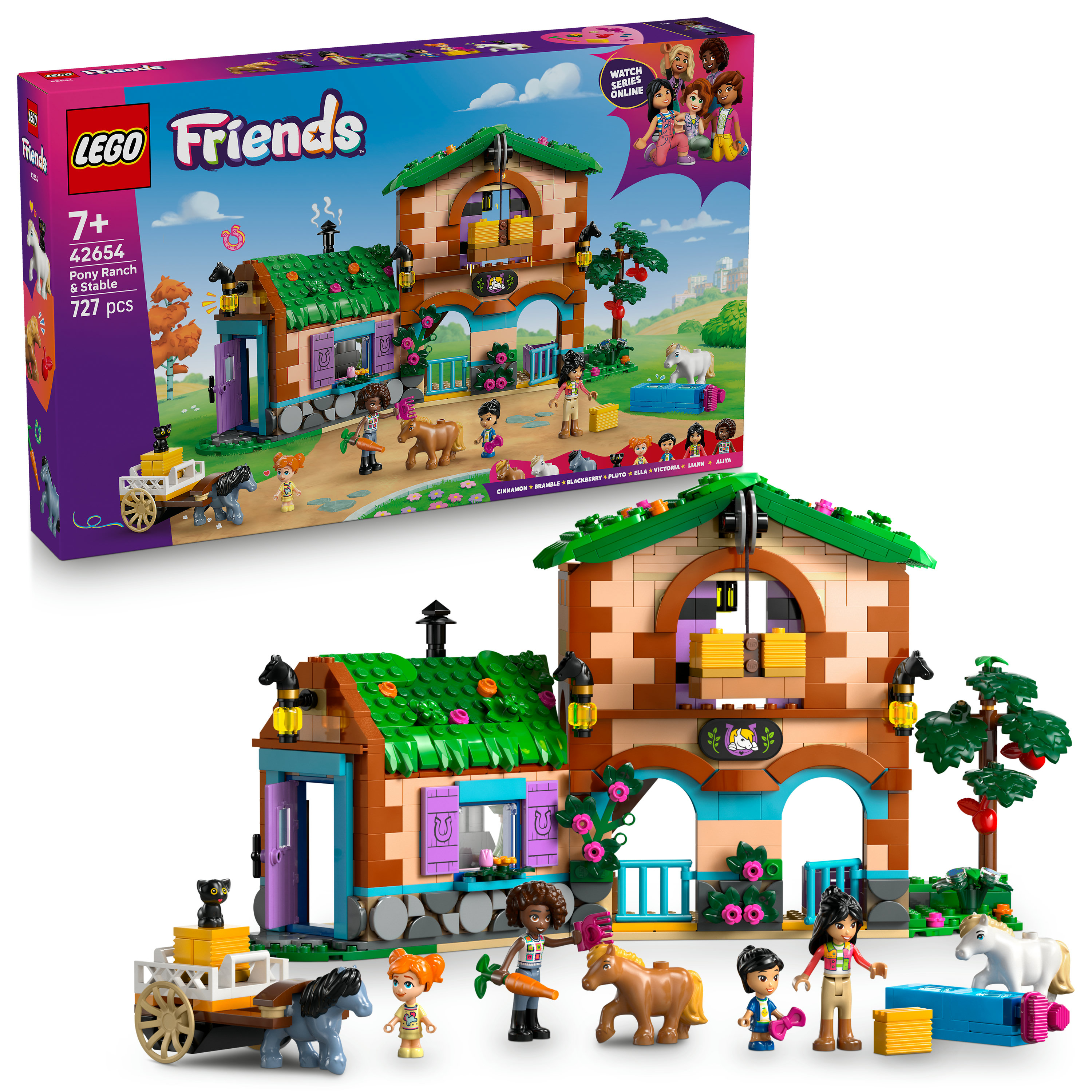 LEGO Friends Pony Ranch seti. Bir çiftlik evi, figürler, atlar ve aksesuarlar içerir. Kutu arka planda.