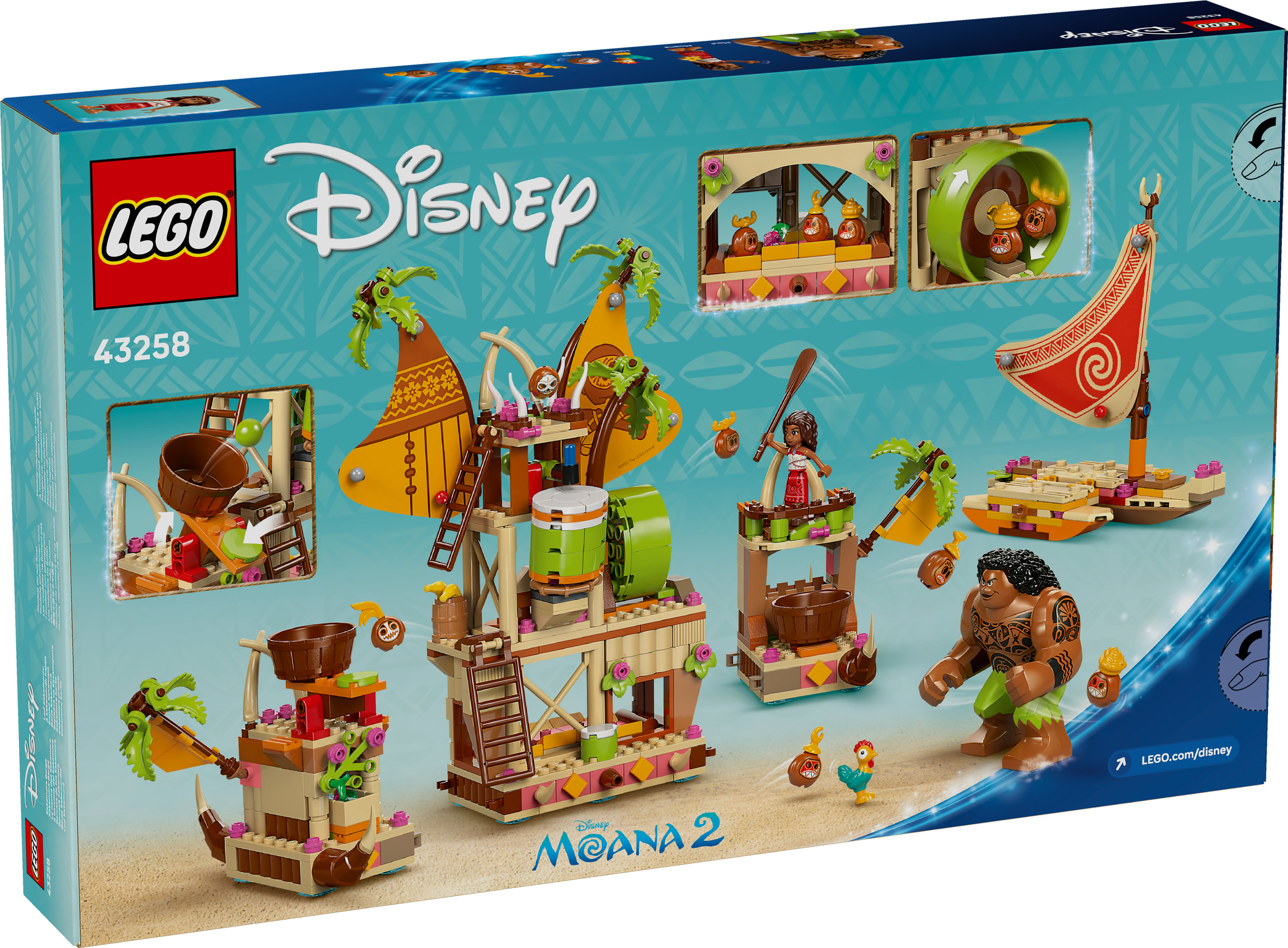 Grafika pudełka zestawu LEGO Disney Moana 2. Przedstawia szczegółowy zestaw Lego przedstawiający sceny, postacie i elementy z filmu.