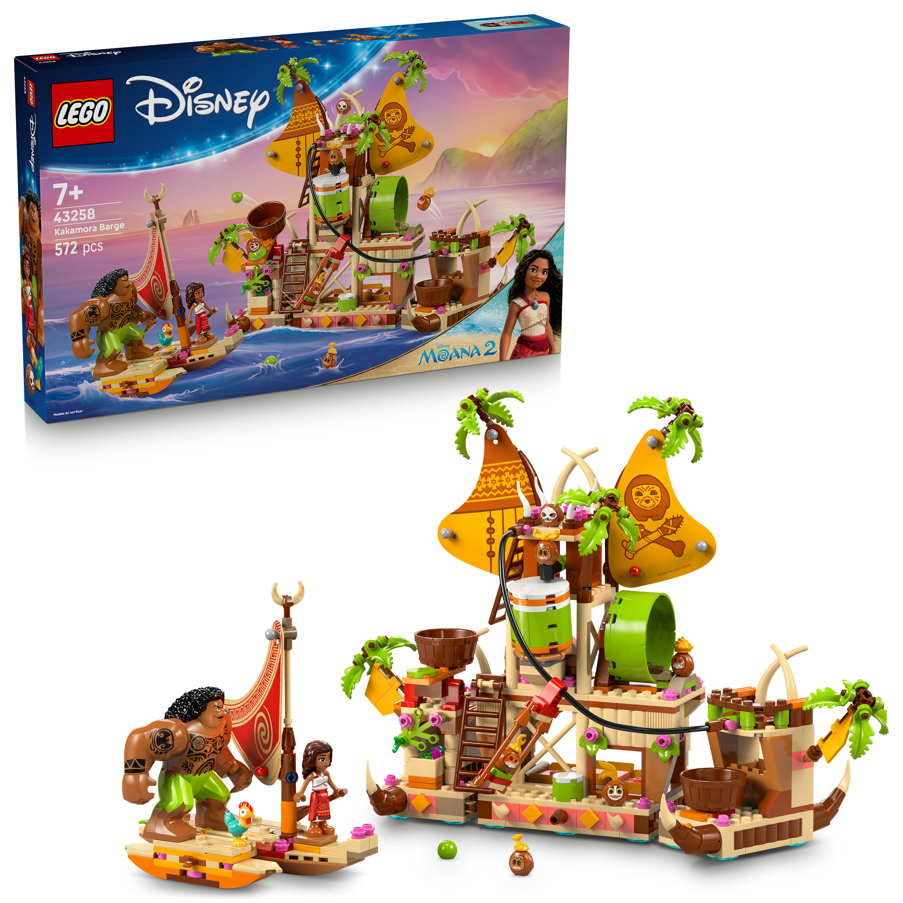 Zestaw LEGO Disney Moana 2 Kakamora Barge. Zawiera postacie, łódź i pudełko ze zdjęciem zestawu.