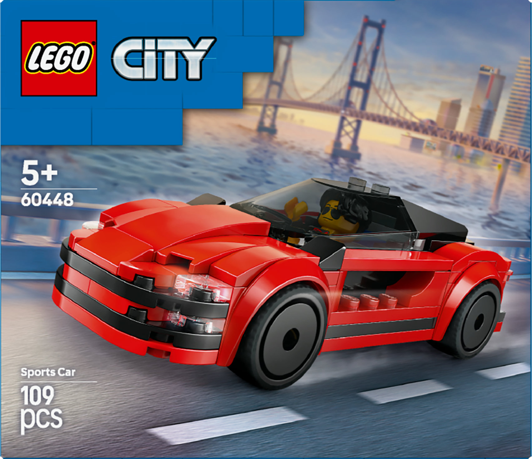Kırmızı ve siyah detaylara sahip bir Lego City spor araba modeli, bir sürücü figürü ve arka planda bir köprü, mavi bir arka plan üzerinde.
