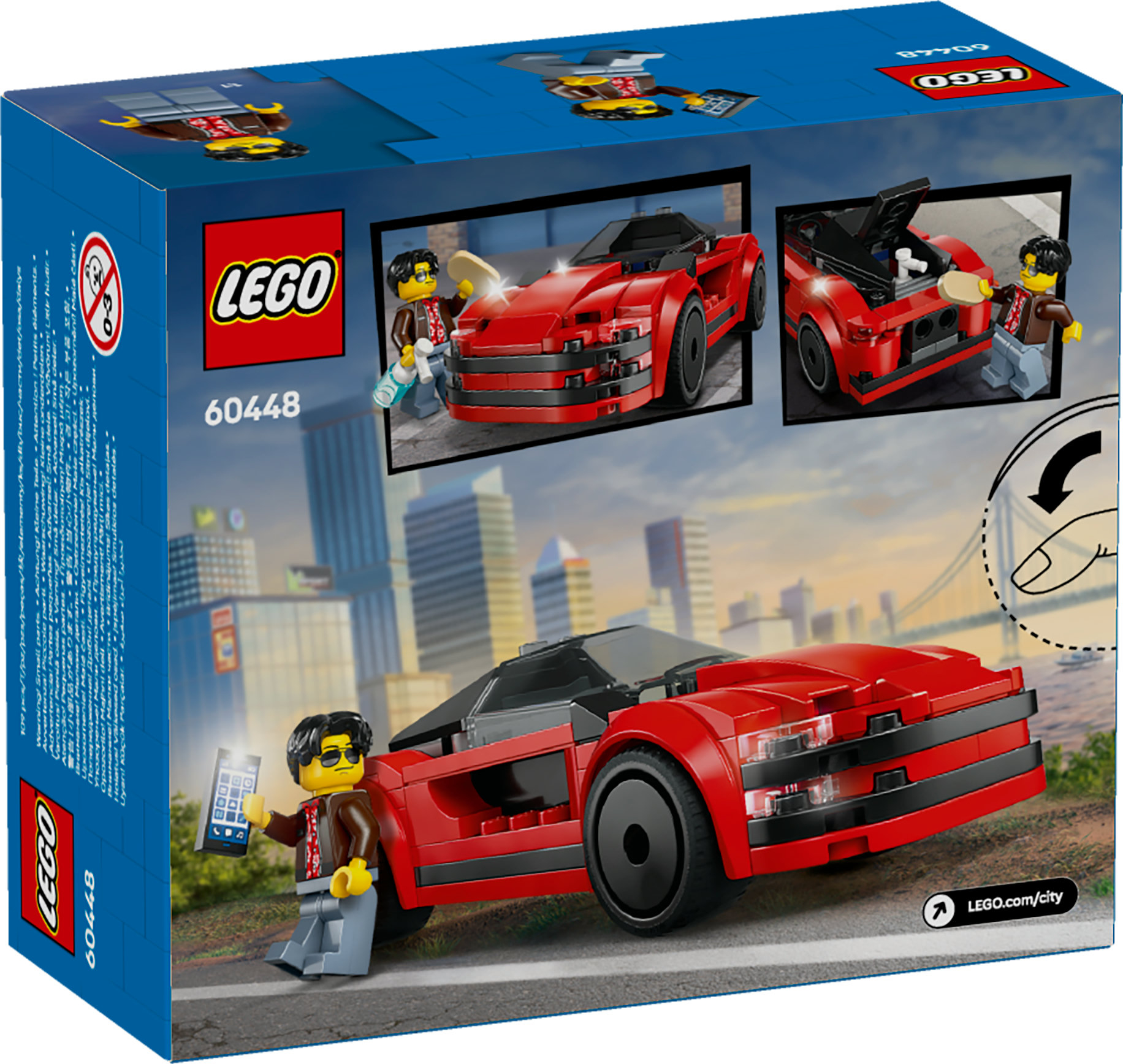 LEGO kutusu, minifigürlerle kırmızı bir spor araba gösteriyor. Kutuda LEGO logosu ve 60448 numarası var.