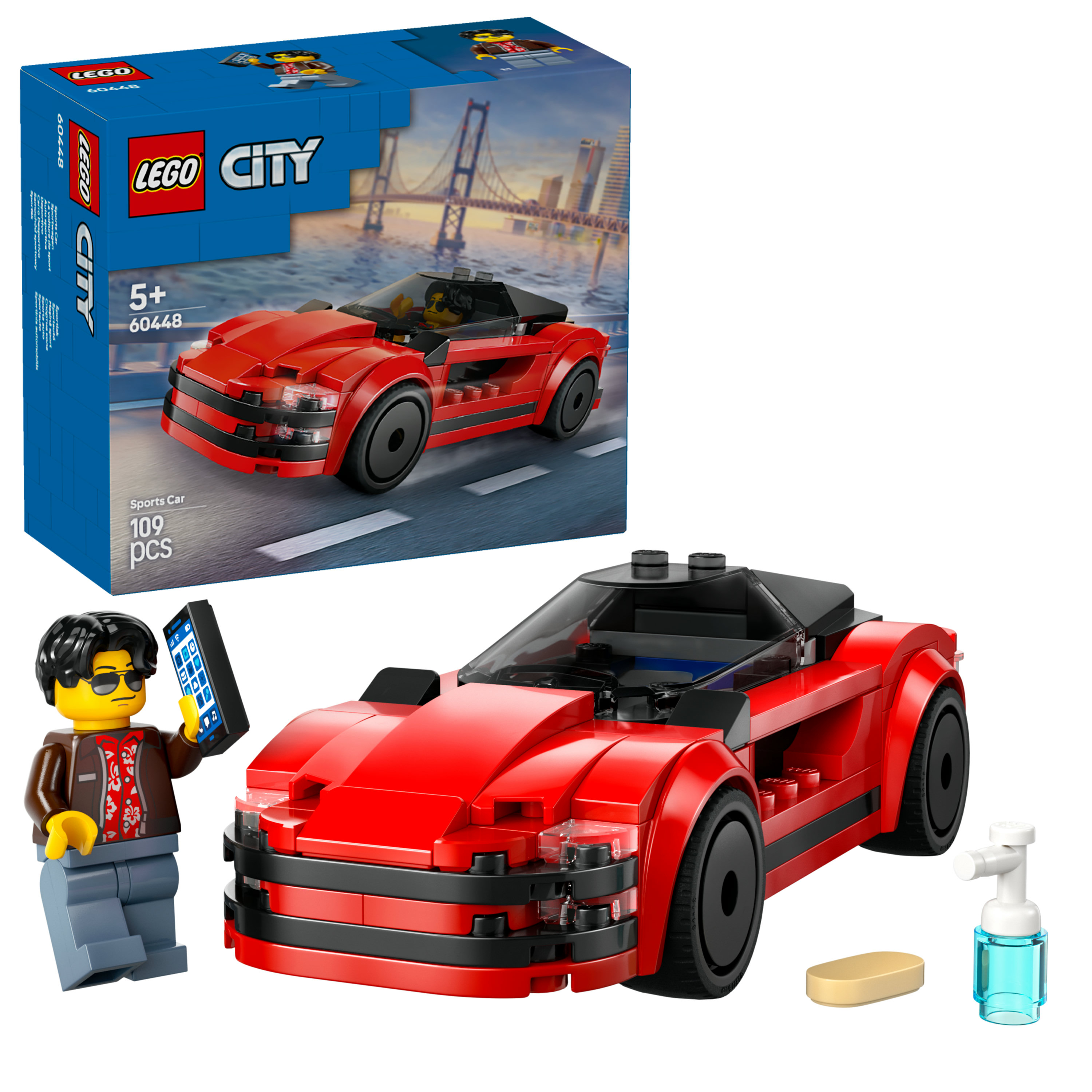 Bir Lego City spor araba seti. Kırmızı bir araba, telefon tutan bir minifigür ve sabun ve şişe gibi aksesuarlar.