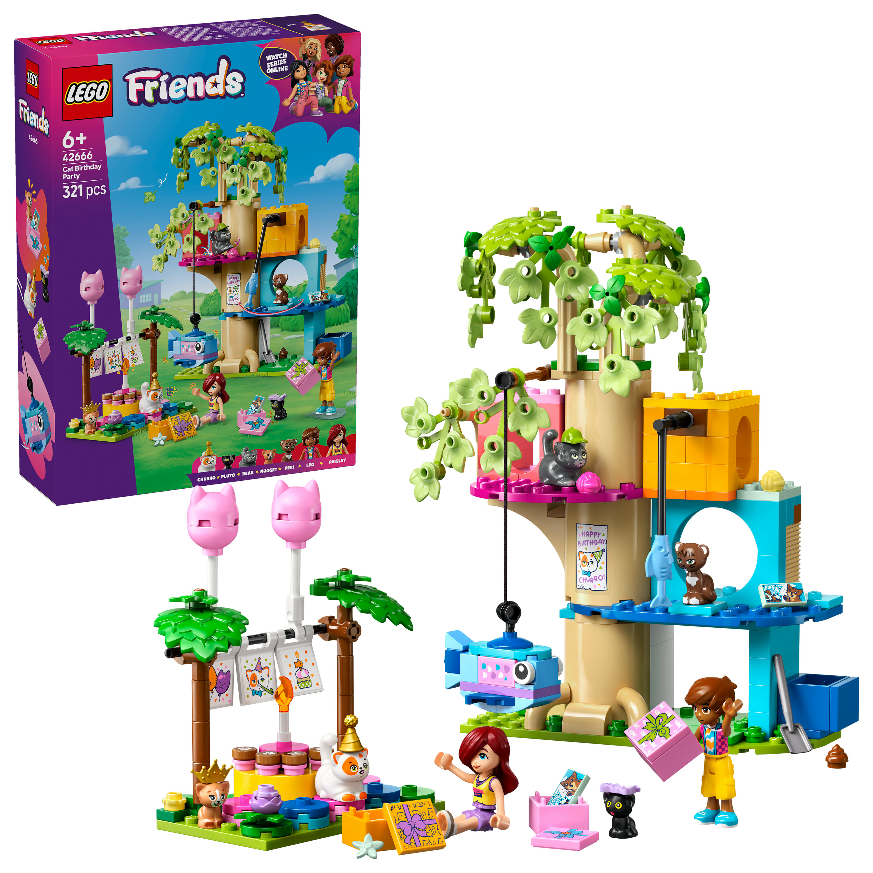 Zestaw Lego Friends. Zawiera scenę urodzinową z kotami, z figurkami, kotami i dekoracjami. Pudełko widoczne po lewej.