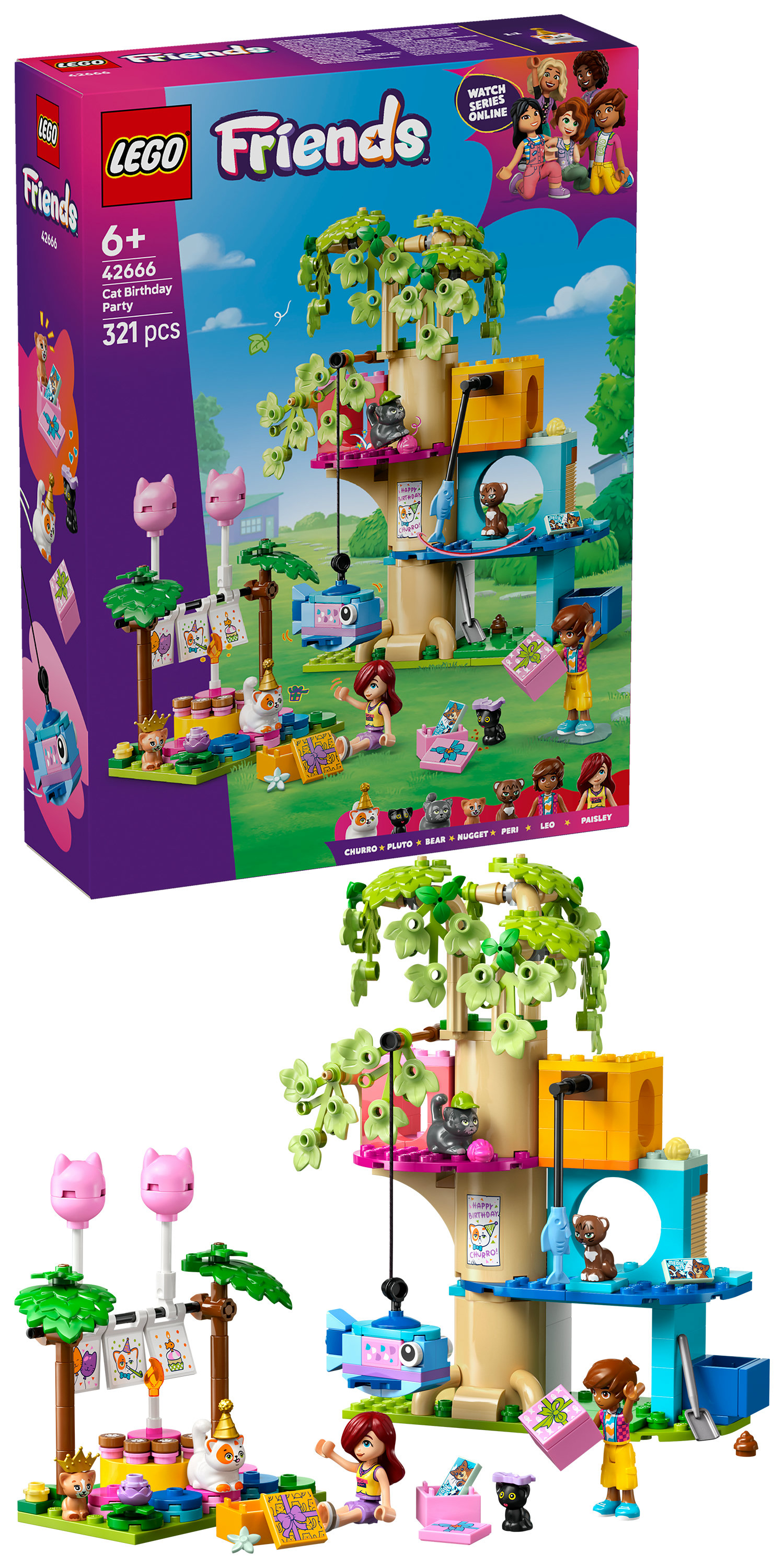 Zestaw LEGO Friends. Domek na drzewie z figurkami kotów, balonami i mini figurkami. Obchodzi się przyjęcie urodzinowe.