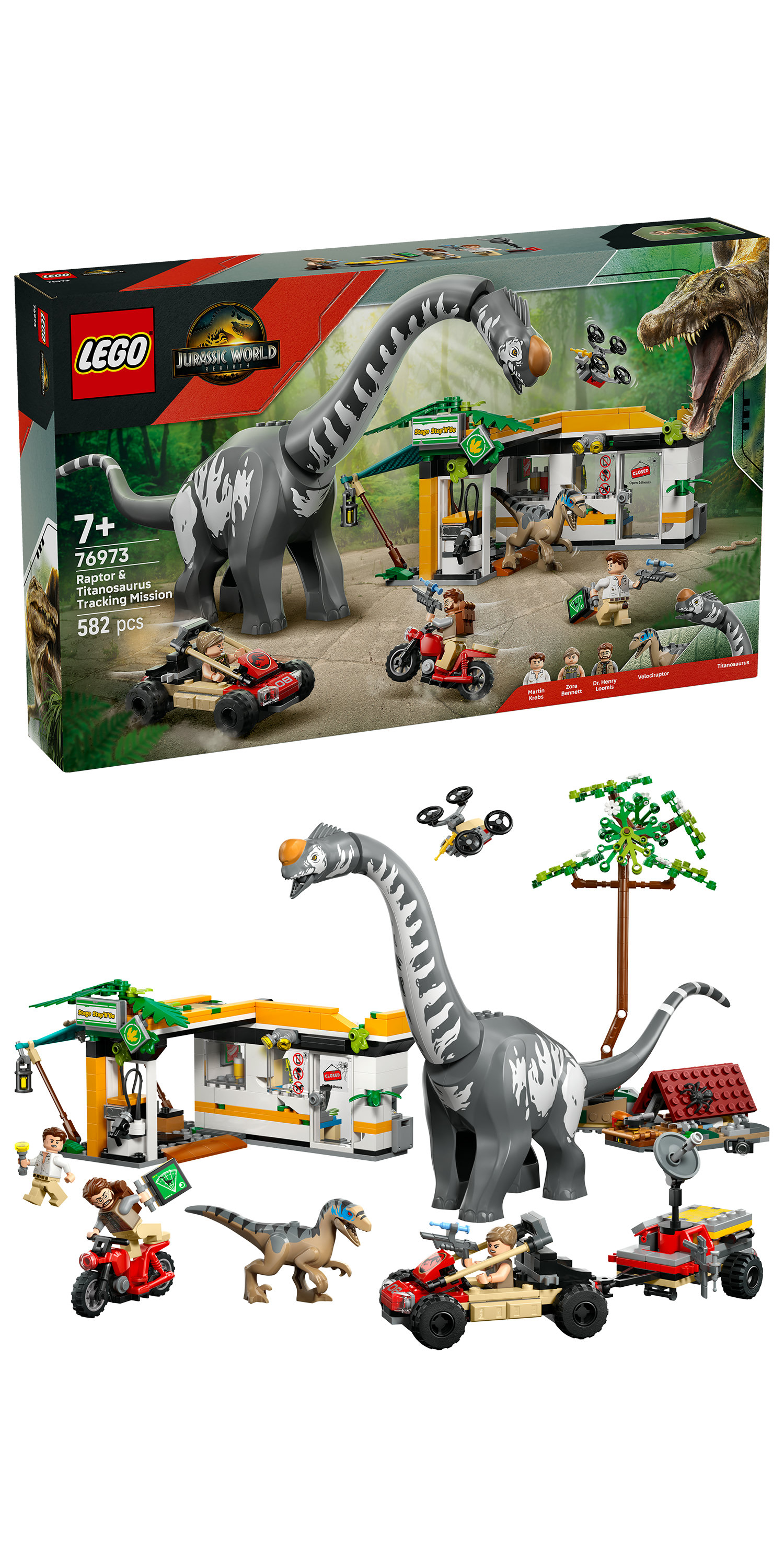 Zestaw LEGO Jurassic World. Brachiosaurus góruje nad stacją benzynową. Obecne są figurki i pojazdy.