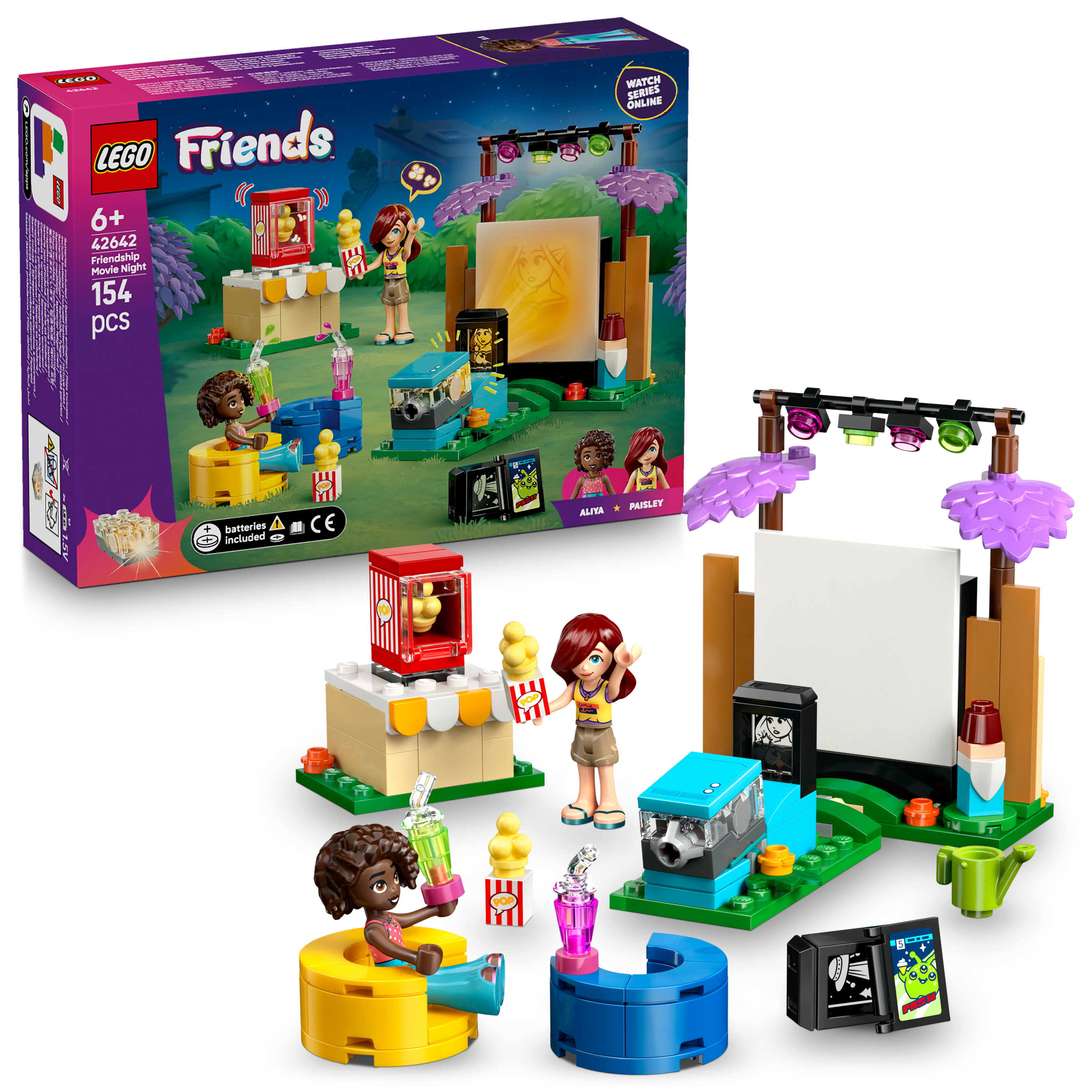Zestaw Lego Friends przedstawiający scenę z wieczoru filmowego. Zawiera minifigurki, popcorn, ekran i projektor. Pudełko jest widoczne.