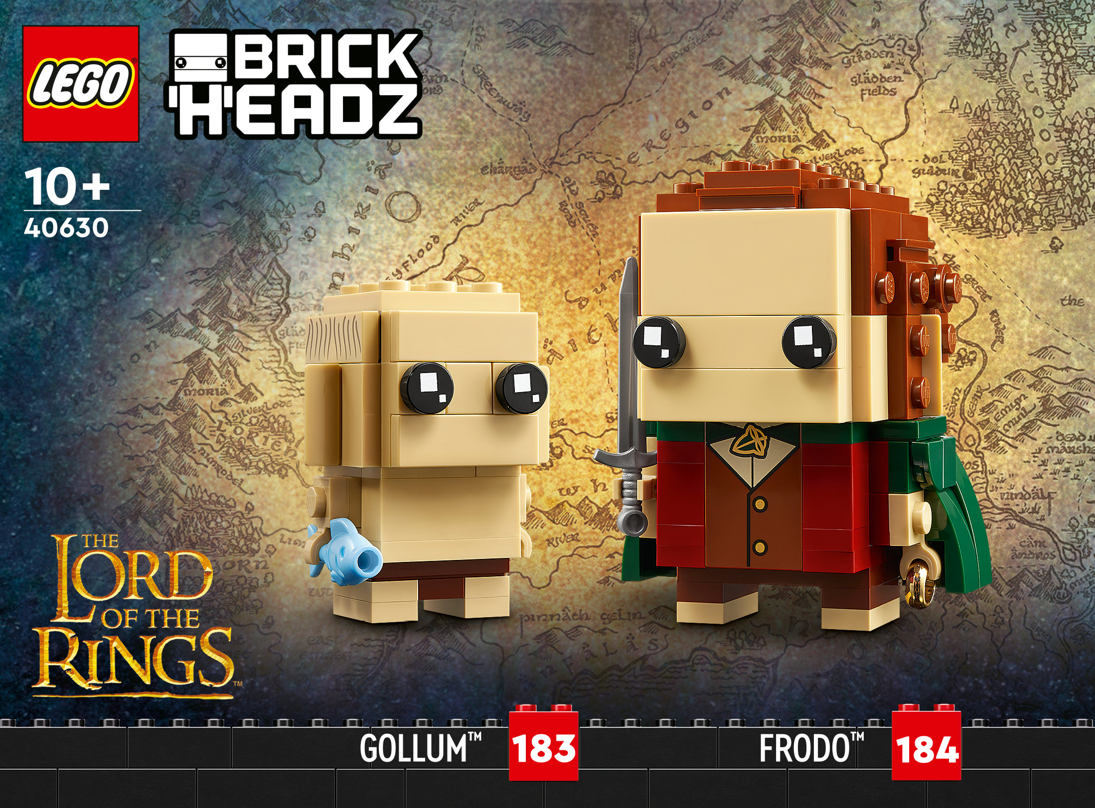 Zestaw LEGO BrickHeadz z figurkami Golluma i Frodo z motywem Władcy Pierścieni na tle mapy.