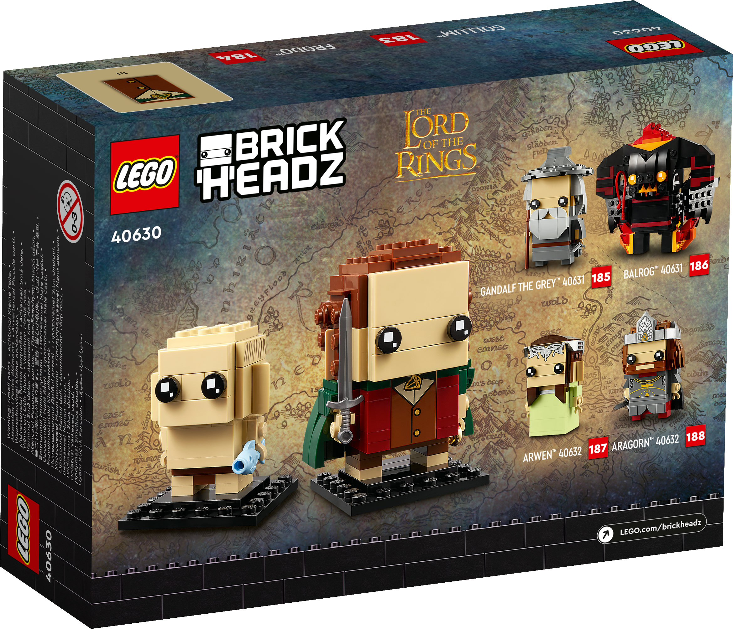 Pudełko Lego BrickHeadz z Frodo, Gollumem, Gandalfem, Balrogiem, Arwen i Aragornem. W tle mapa Śródziemia.